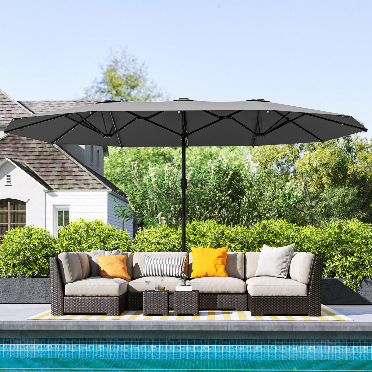 Garden Parasol 14.4ft Double-Sided Sun Umbrella with Base, Patio Parasol with LED Solar Lights, Gray