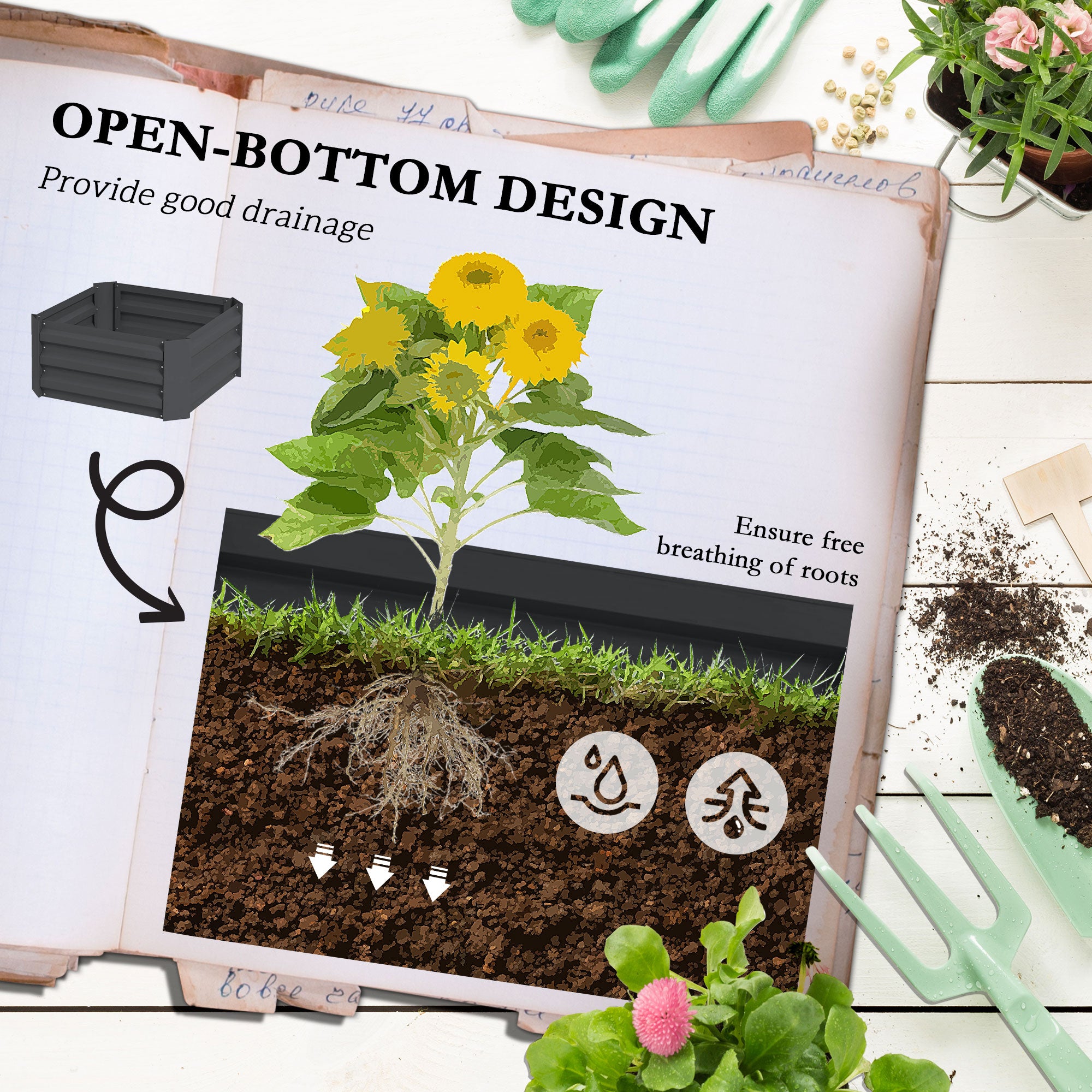 Galvanized Planter Box, 24" x 24" x 55" Raised Garden Bed with Tomato Cage for Climbing Vines, Dark Gray
