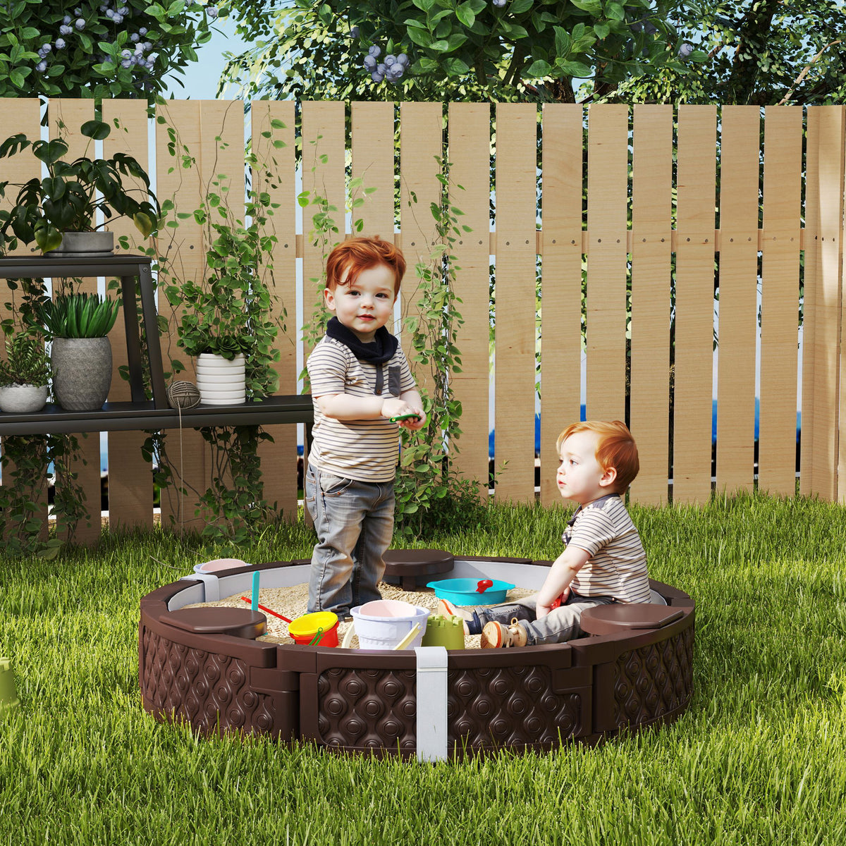 47" Round Kids Sandbox with Cover, 3 Seats, Waterproof Bottom Liner, for Backyard, Lawn, Garden, Beach, Patio, Brown