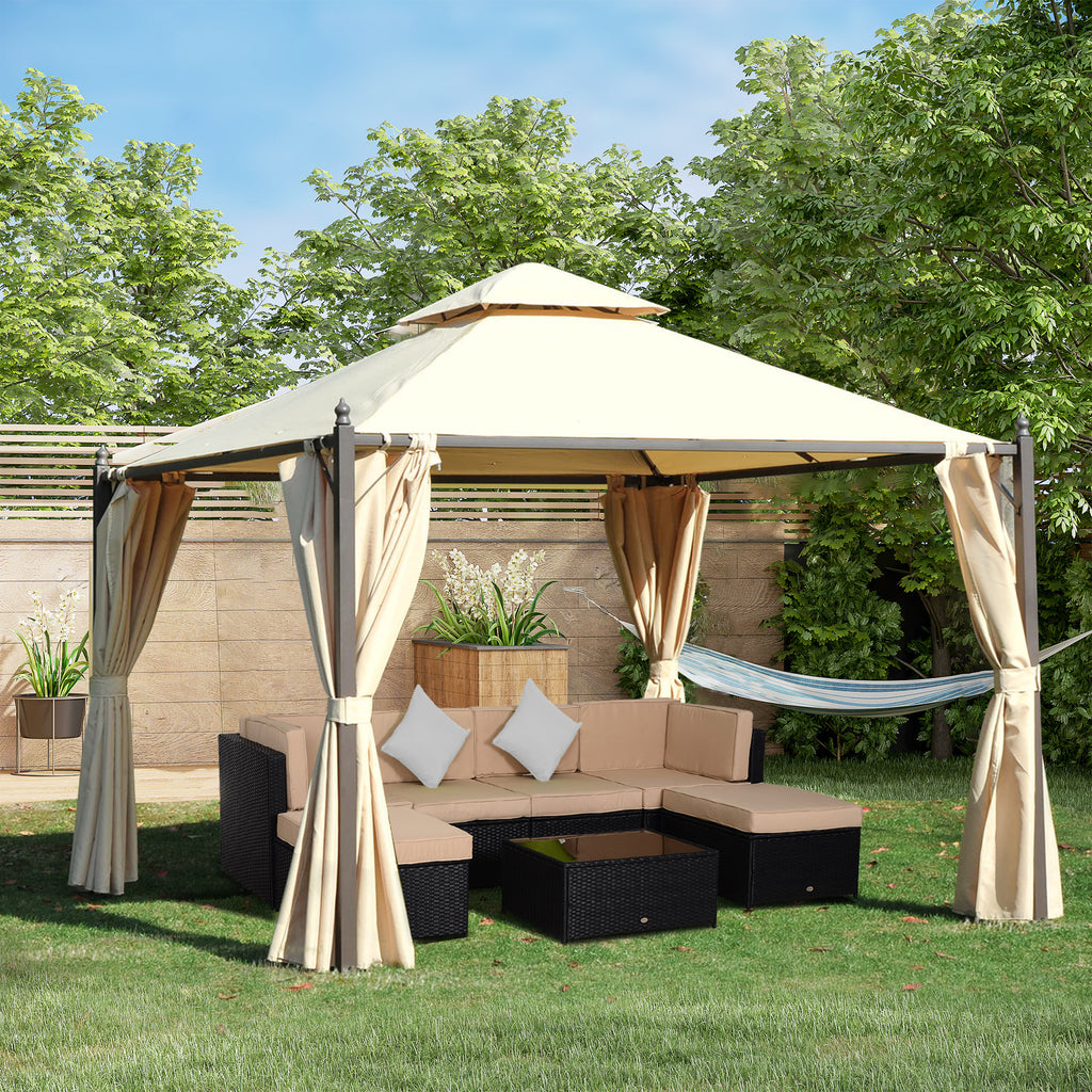 10' x 10' Steel Outdoor Patio Gazebo with Polyester Privacy Curtains, Two-Tier Roof for Air, Large Design