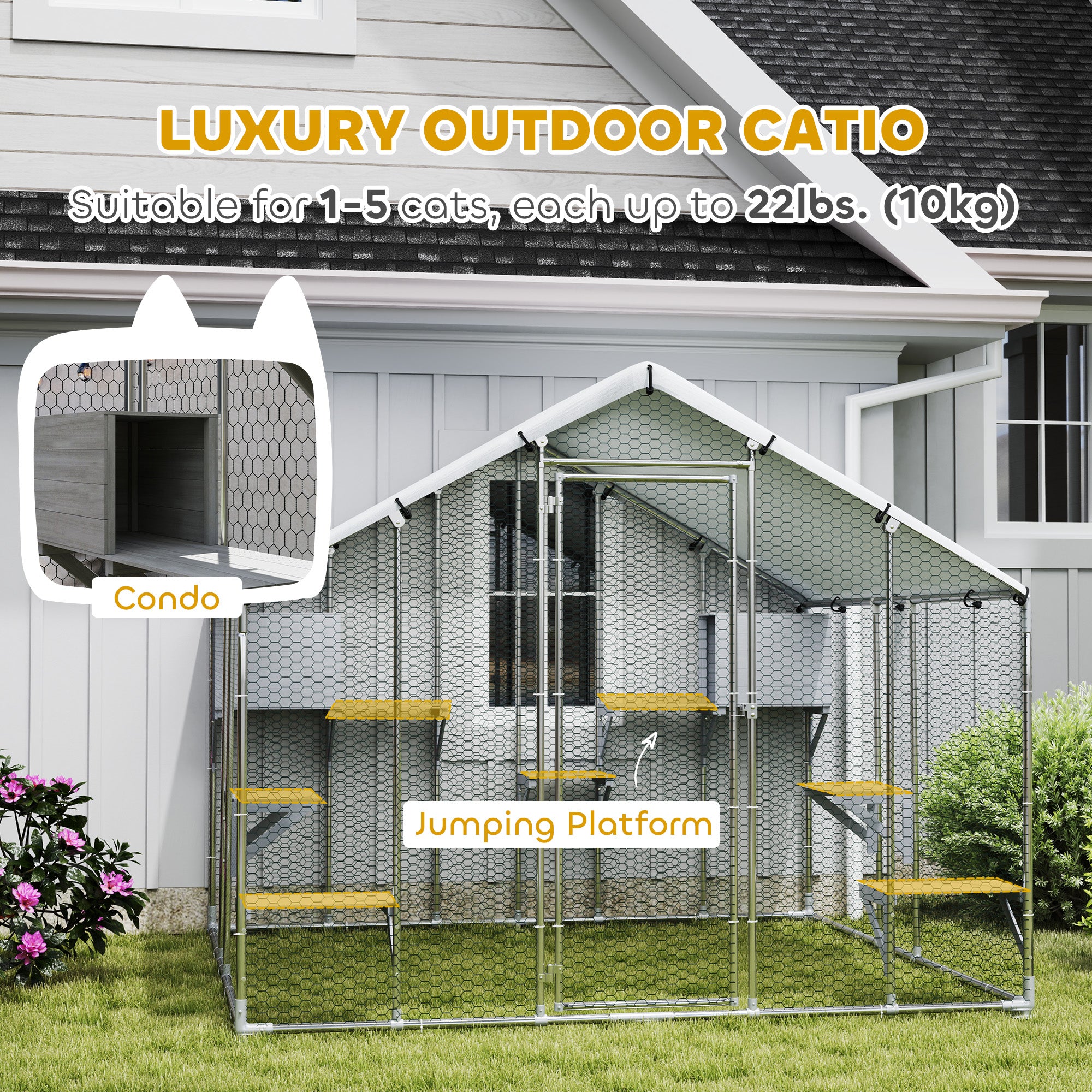 95" Extra Large Metal Outdoor Catio with Waterproof Cover, 2 Resting Boxes, 7 Jumping Platforms, for Multiple Cats