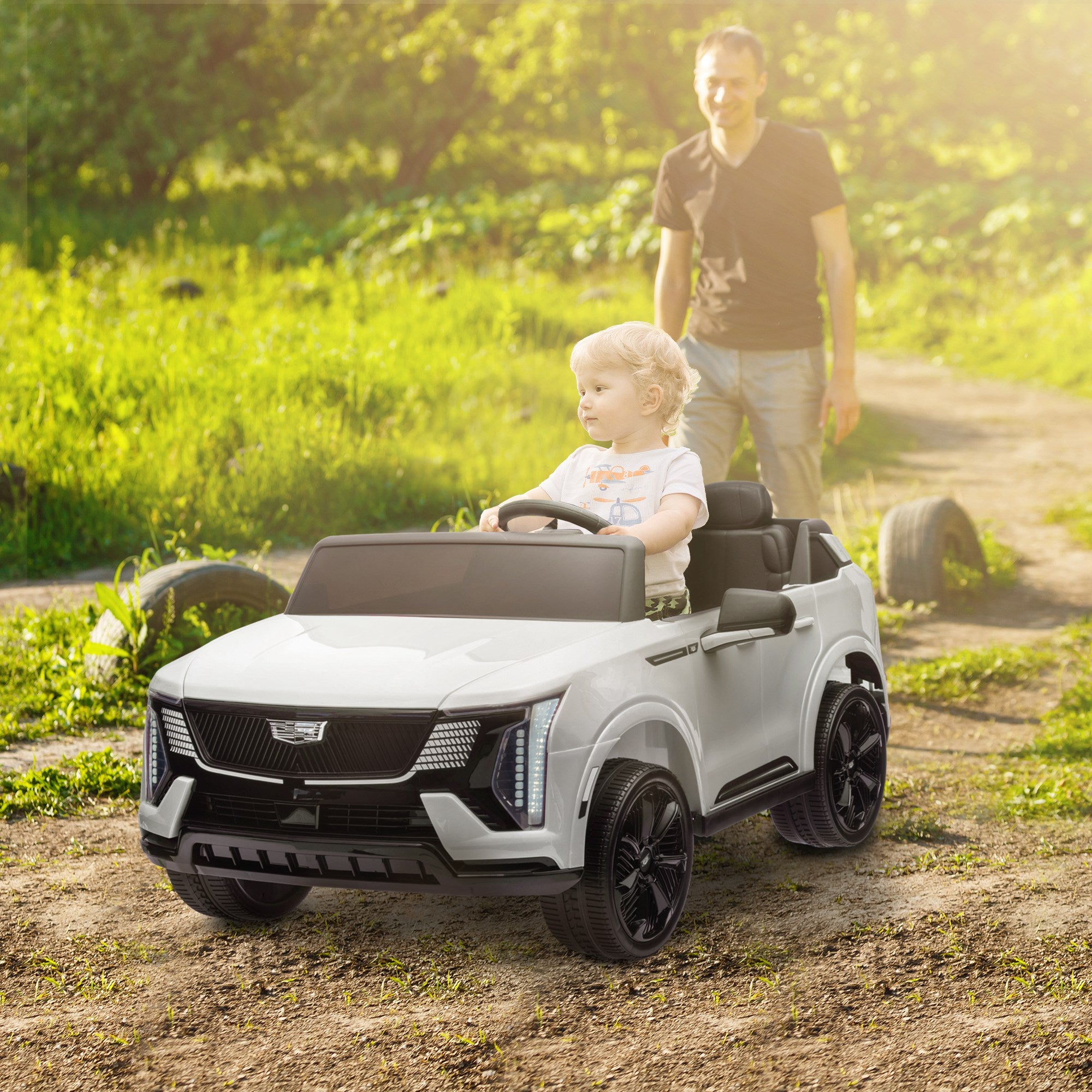 2-Seater 12V 10AH Ride on Truck, Escalade Licensed Electric Car for Kids w/ Spring Suspension Wheels, White