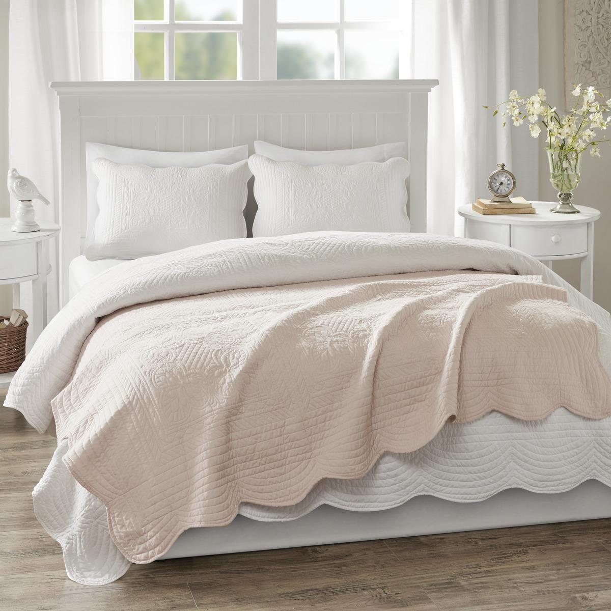 Oversized Quilted Throw with Scalloped Edges, Microfiber Face, Cotton Filled Blanket for Living Room, Bedroom, 72" L x 60" W x 0.25" H, Blush