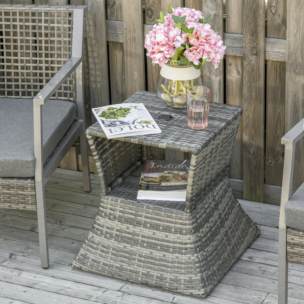 Outdoor Side Table with Umbrella Hole, 2 Tier Rattan Wicker End Table with Storage Shelf, All Weather for Patio, Garden, Backyard, Mixed Gray