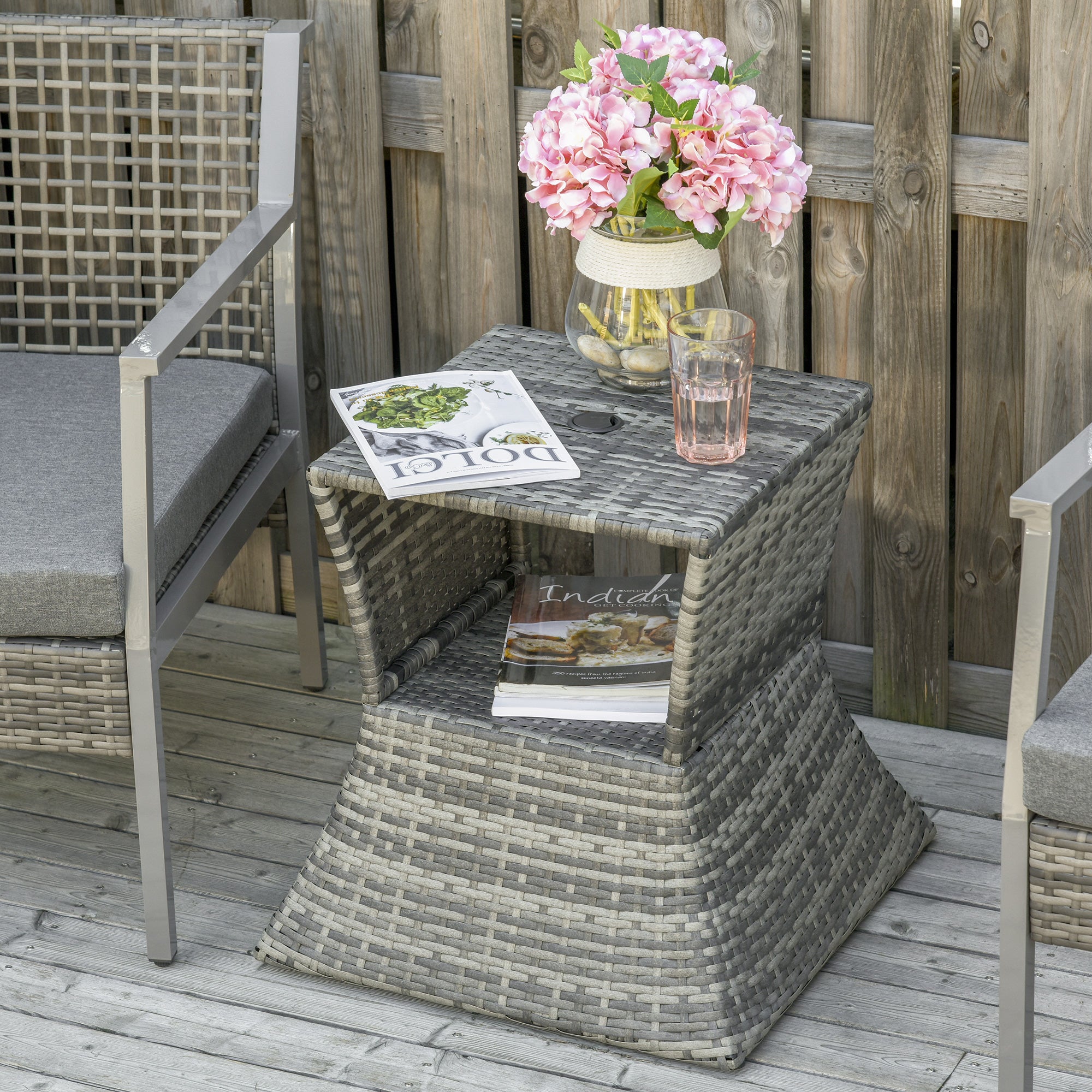 Outdoor Side Table with Umbrella Hole, 2 Tier Rattan Wicker End Table with Storage Shelf, All Weather for Patio, Garden, Backyard, Mixed Gray