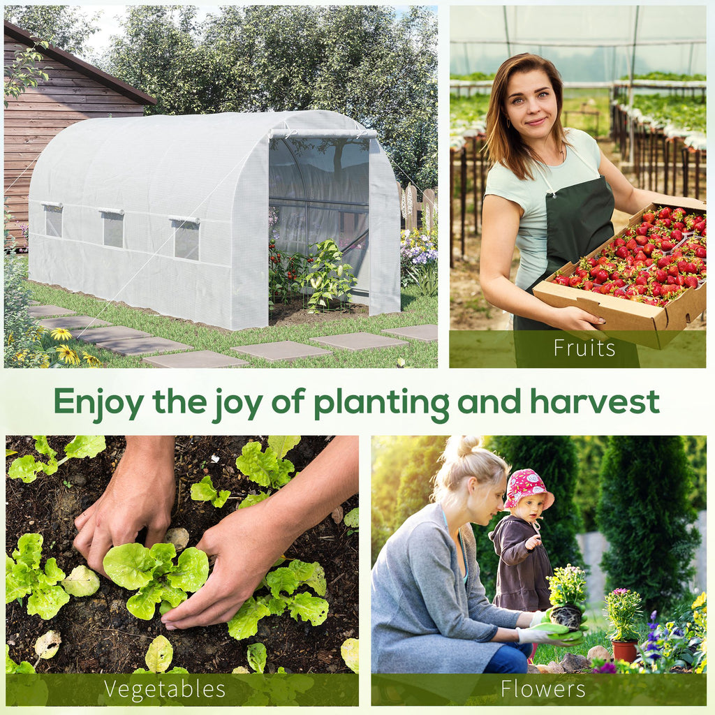 15' x 7' x 7' Walk-In Tunnel Greenhouse, Large Garden Hot House Kit with 6 Roll-up Windows & Roll Up Door, Steel Frame, White