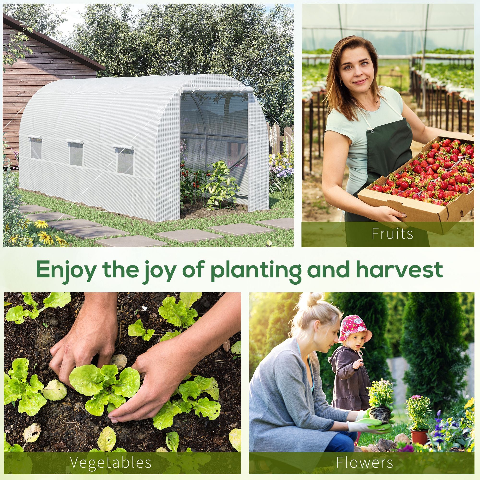 15' x 7' x 7' Walk-In Tunnel Greenhouse, Large Garden Hot House Kit with 6 Roll-up Windows & Roll Up Door, Steel Frame, White