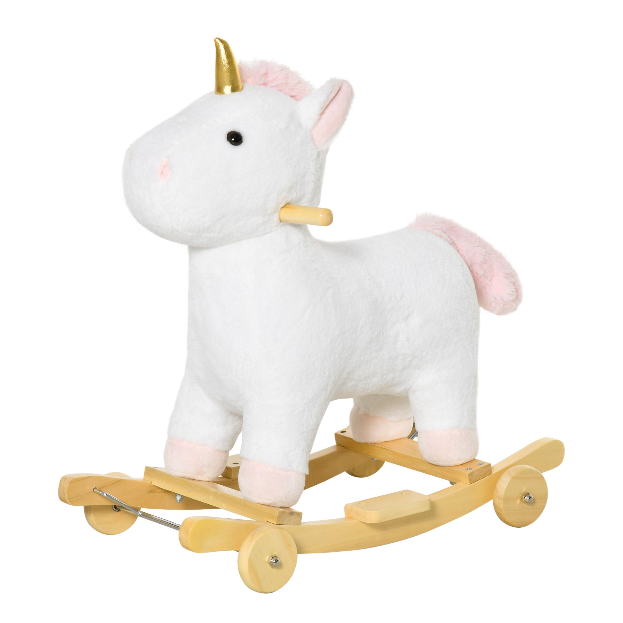2 in 1 Kids Rocking Horse, Rolling Unicorn with Sound, Wooden Base, Pedal, Grip Handle, for 3-6 Years Old, White