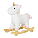 2 in 1 Kids Rocking Horse, Rolling Unicorn with Sound, Wooden Base, Pedal, Grip Handle, for 3-6 Years Old, White
