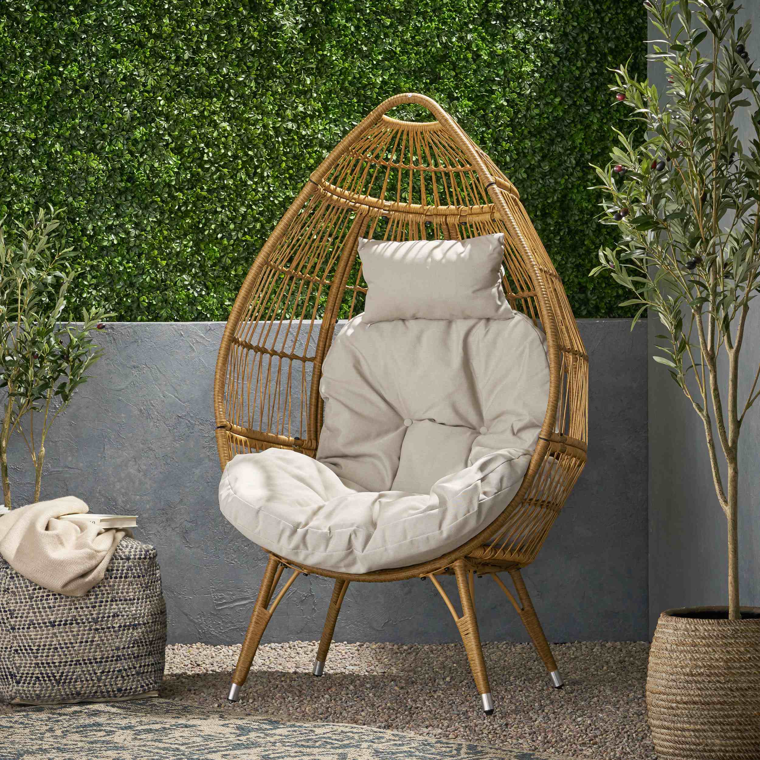 Outdoor Teardrop Wicker Patio Chair with Water-Resistant Cushions, Hand-Crafted Faux Rattan, 37" L x 28" W x 62" H, Natural