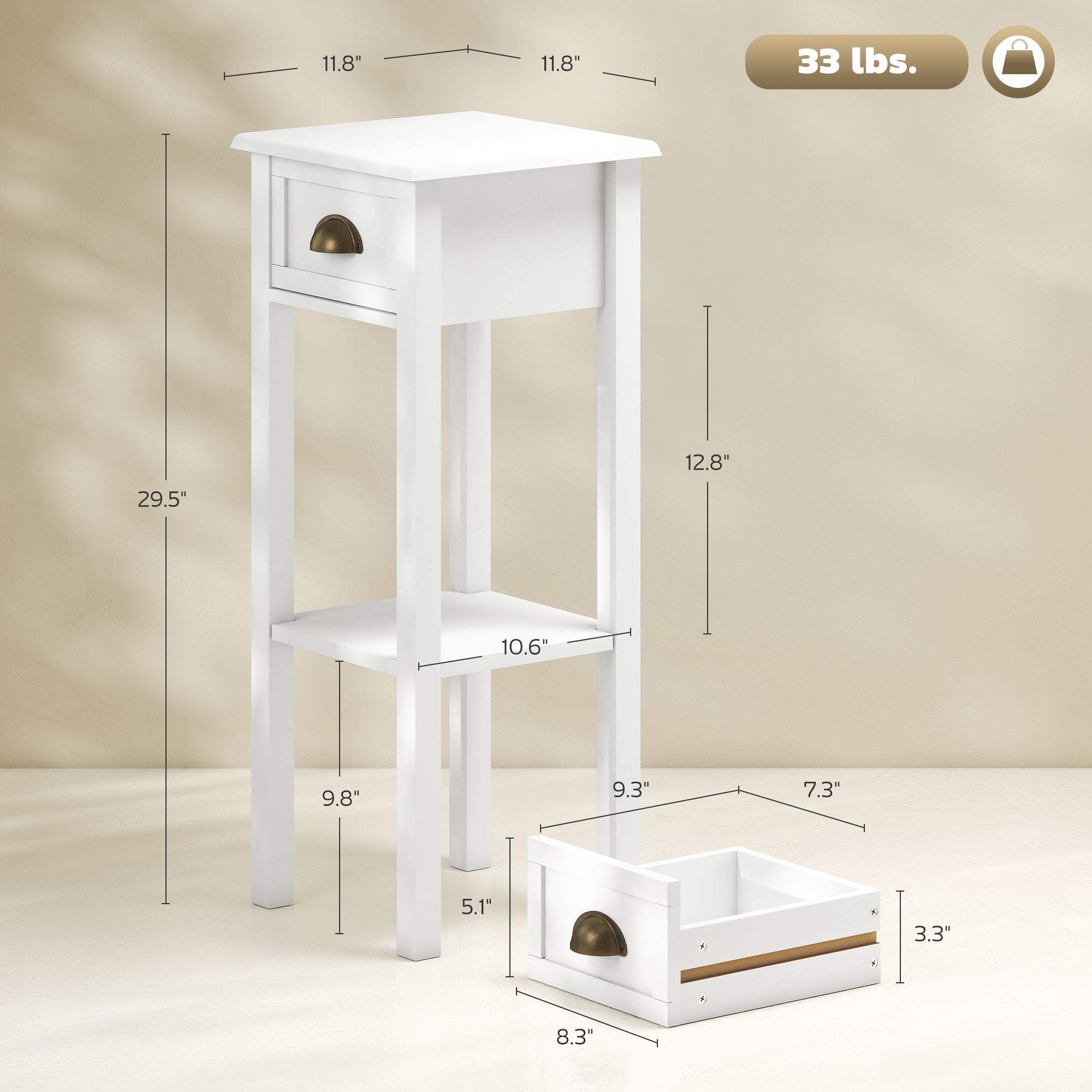 2-Tier Side Table with Drawer and Shelf, End Table for Living Room and Hallway, White