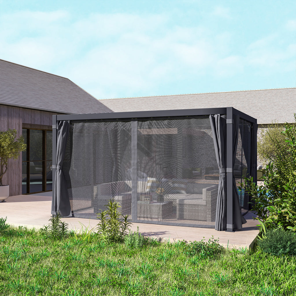 10' x 13' Outdoor Retractable Pergola w/ Sun Shade Louvered Top, Pergola w/ Canopy, Curtains, Netting, Dark Gray