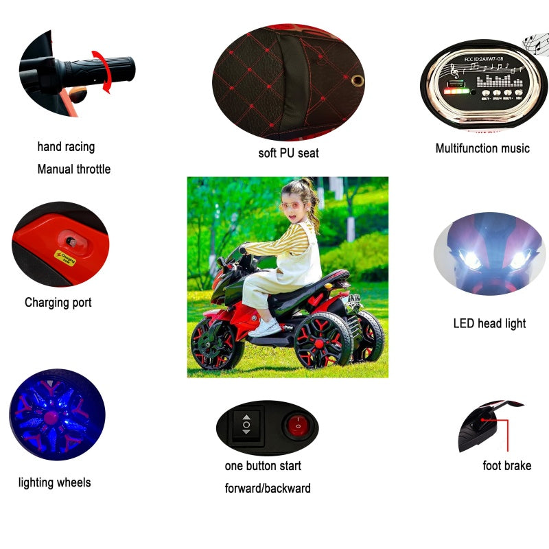 3-Wheel 12V Kids Electric Ride-On Motorcycle with Training Wheels and Headlight, Motorbike with MP3/USB, 43.5'' L x 23.5'' W x 29'' H, Pink