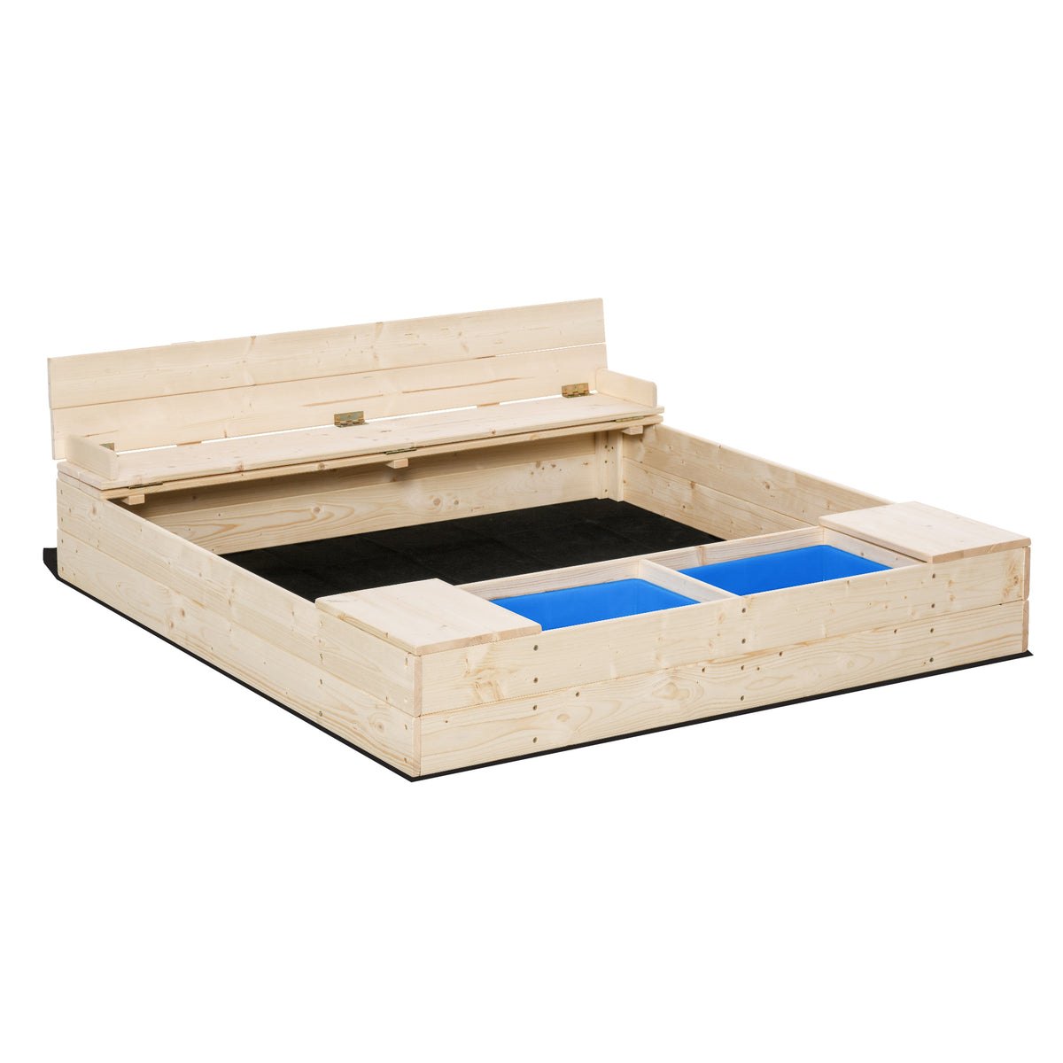 Kids Wooden Sandbox w/ Two Plastic Boxes Foldable Bench Seat Waterproof Cover Bottom Liner Storage Space