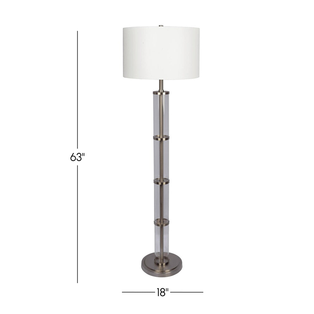 Nimbus Brushed Nickel Floor Lamp with 3-Way Rotary Switch, Clear Glass Body, Metal Base, 18" L x 18" W x 63" H, Silver Gray+White
