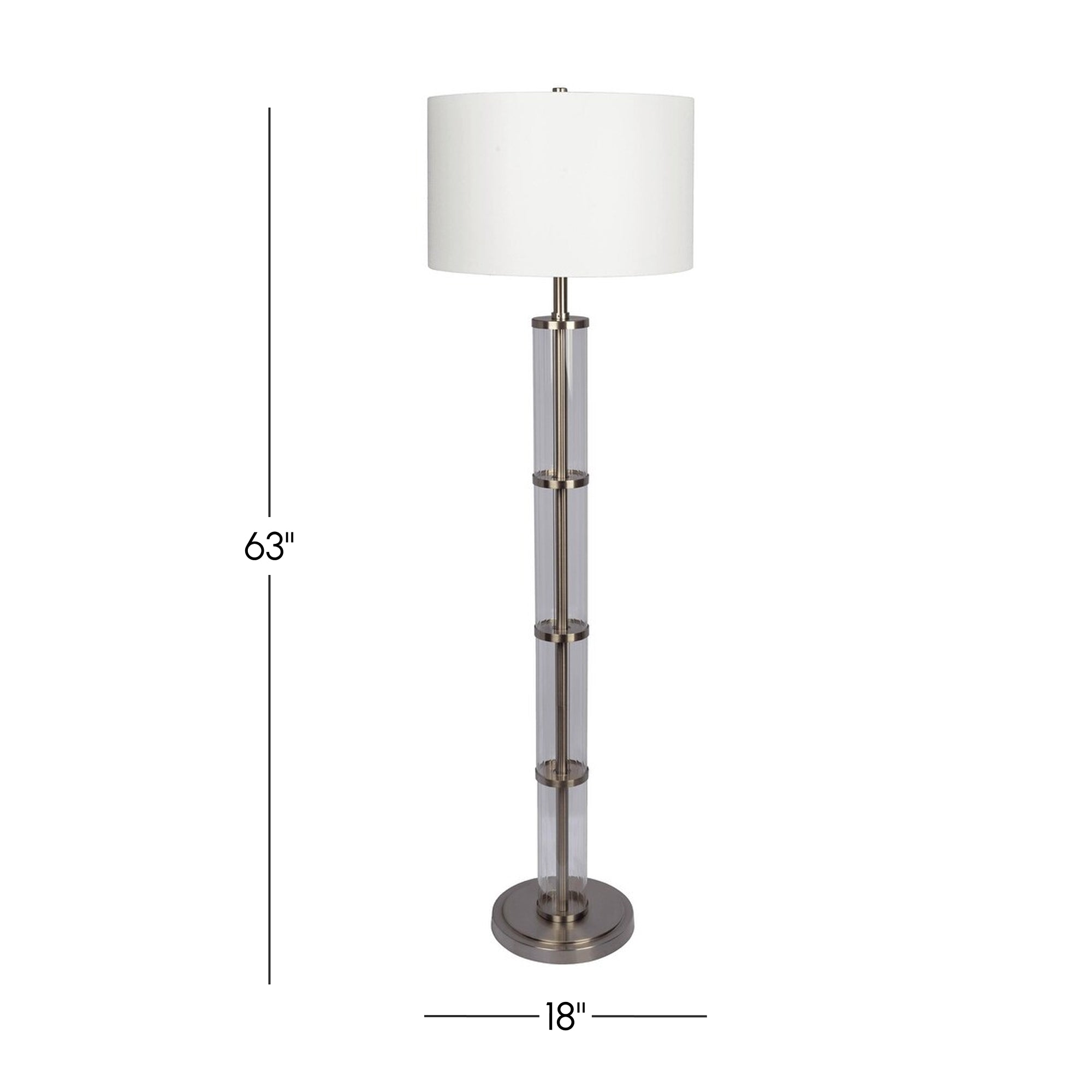 Nimbus Brushed Nickel Floor Lamp with 3-Way Rotary Switch, Clear Glass Body, Metal Base, 18" L x 18" W x 63" H, Silver Gray+White