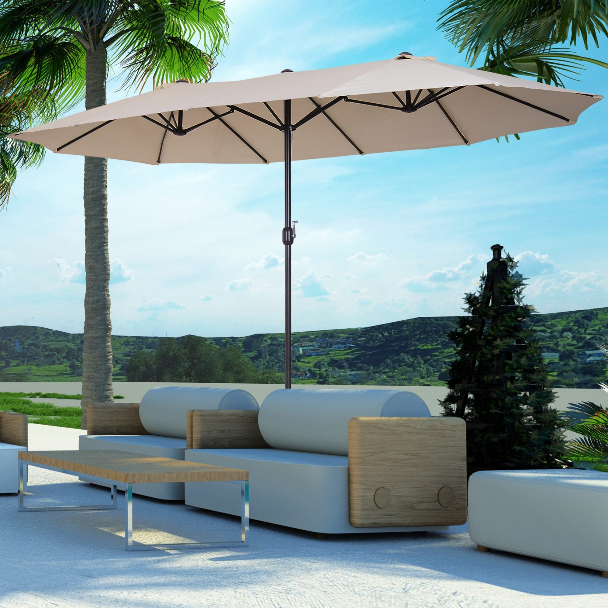 15ft Patio Umbrella Double-Sided Outdoor Market Extra Large Umbrella with Crank Handle for Deck, Lawn, Backyard and Pool, Cream White