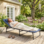 Folding Chaise Lounge Pool Chair with 4-Position Reclining Back, Pillow, Breathable Mesh & Bungee Seat, Dark Blue