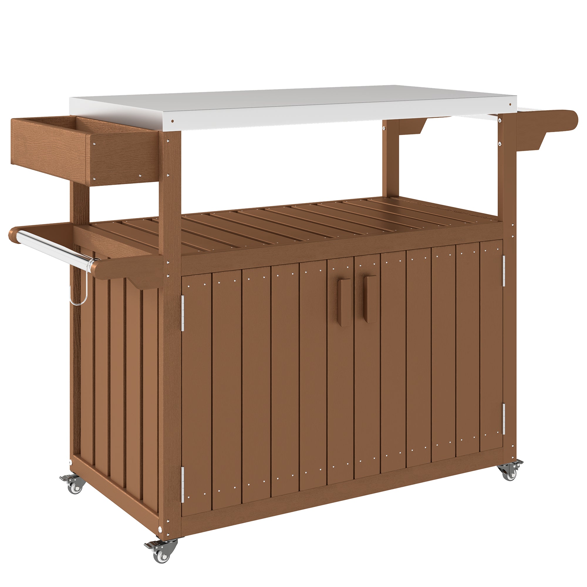 Outdoor Bar Cart with Storage, Stainless Steel Outdoor Bar Table Top, Wheeled HDPE Kitchen Island for Food Prep, Brown