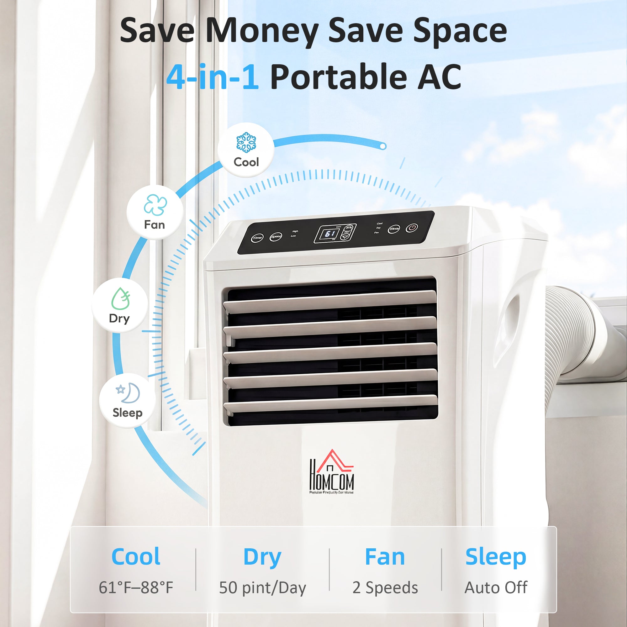10000 BTU Mobile Portable Air Conditioner with Cooling, Dehumidifier and Ventilating, 2 Speed Fans, 24-Hour Timer, White