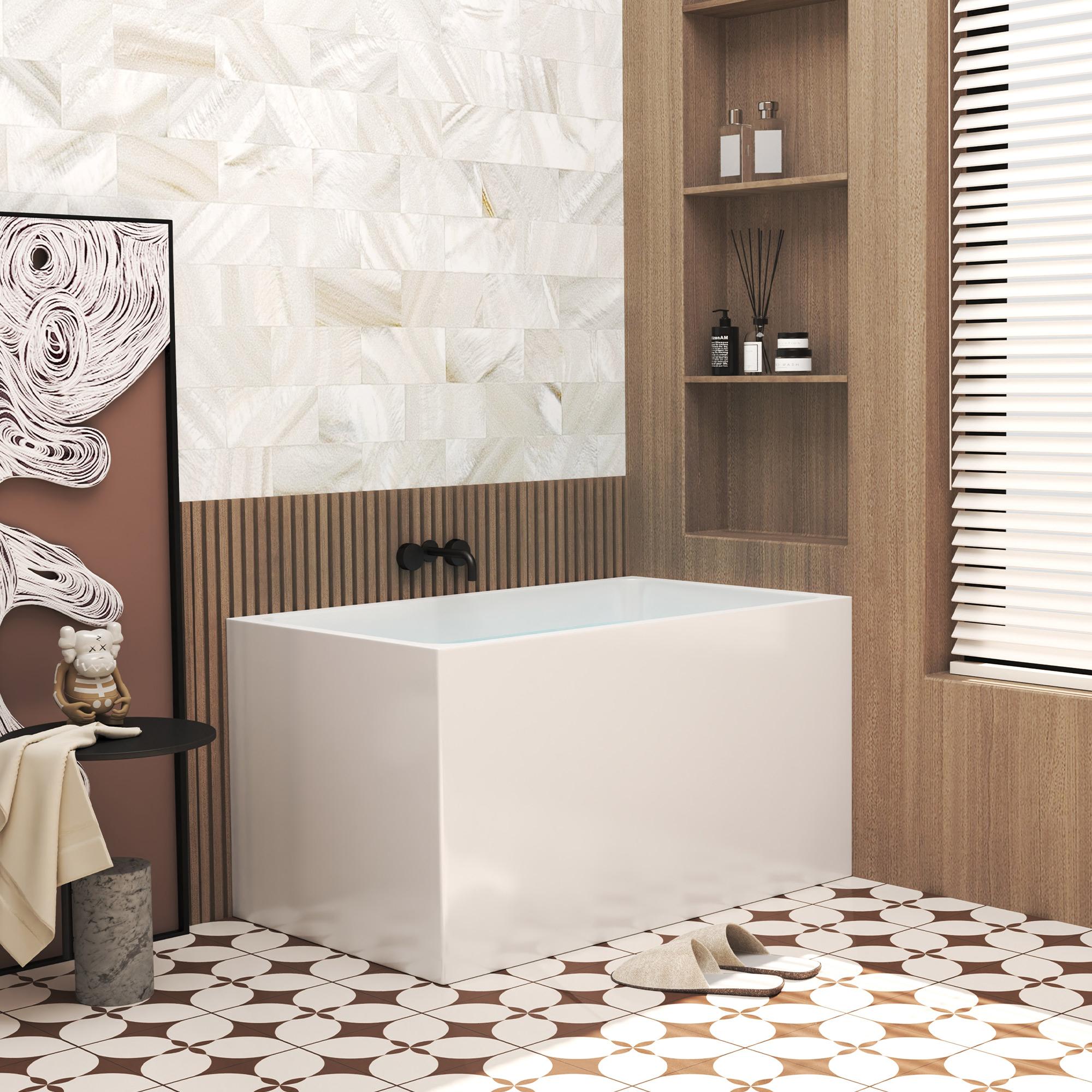 47" Acrylic Freestanding Bathtub with Built-In Seat, Ergonomic Sloping Backrest, Soaking Tub for Bathroom, 47" L x 27.5" W x 25" H, Gloss White