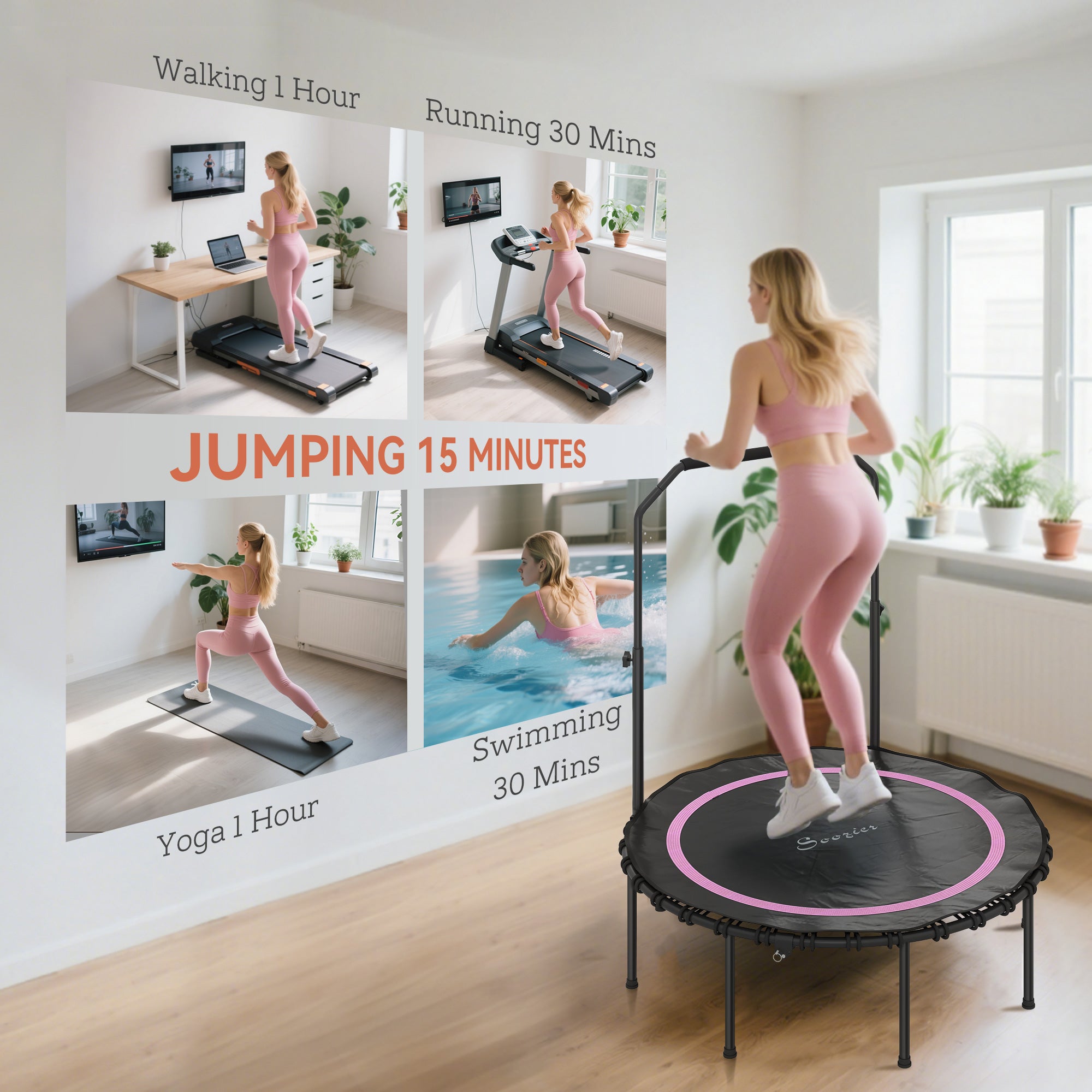 45" Rebounder Trampoline for Adults, Foldable Mini Trampoline with Adjustable Handle Bar for Indoor Outdoor, Pink