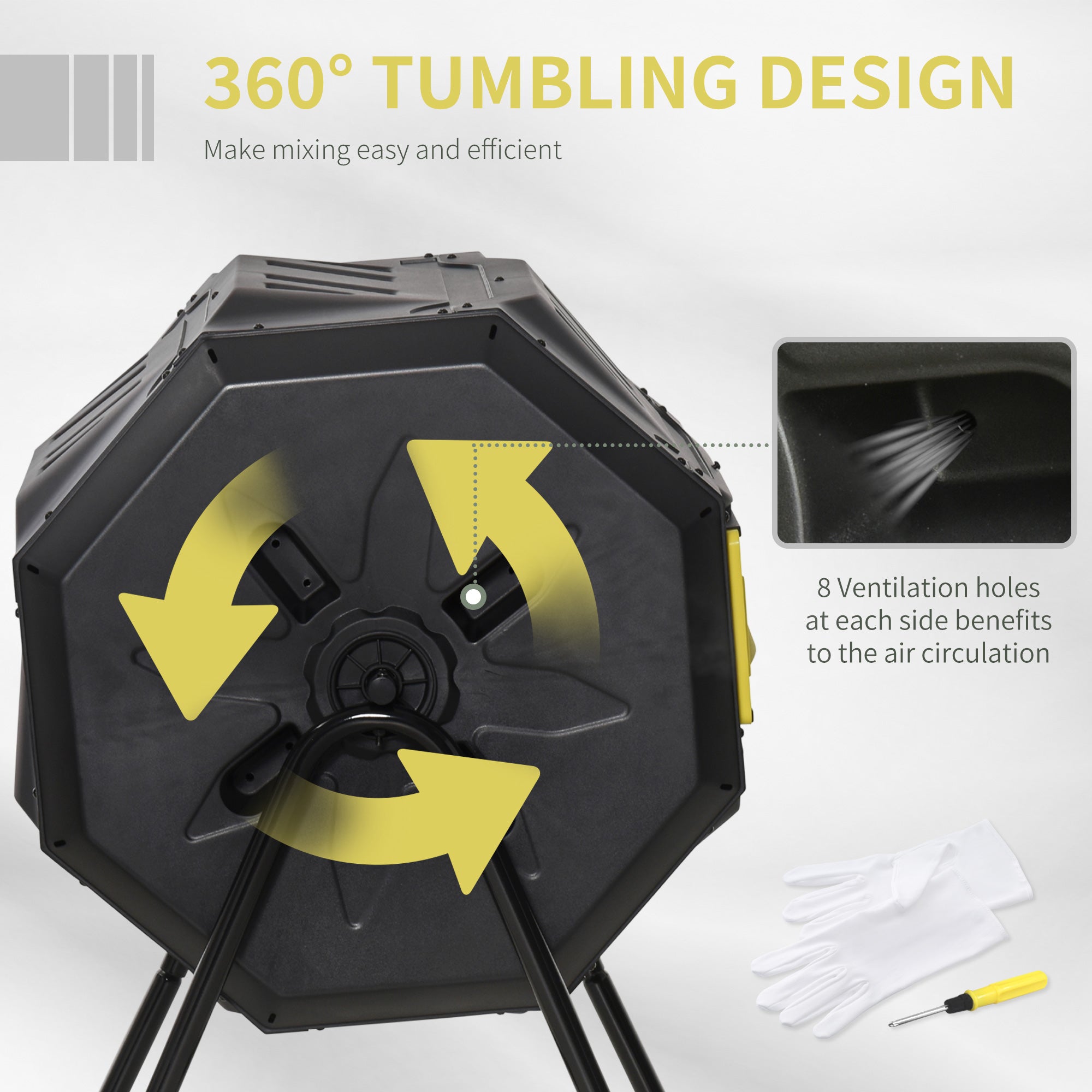 Tumbling Compost Bin Outdoor 360° Dual Chamber Rotating Composter 43 Gallon, Yellow