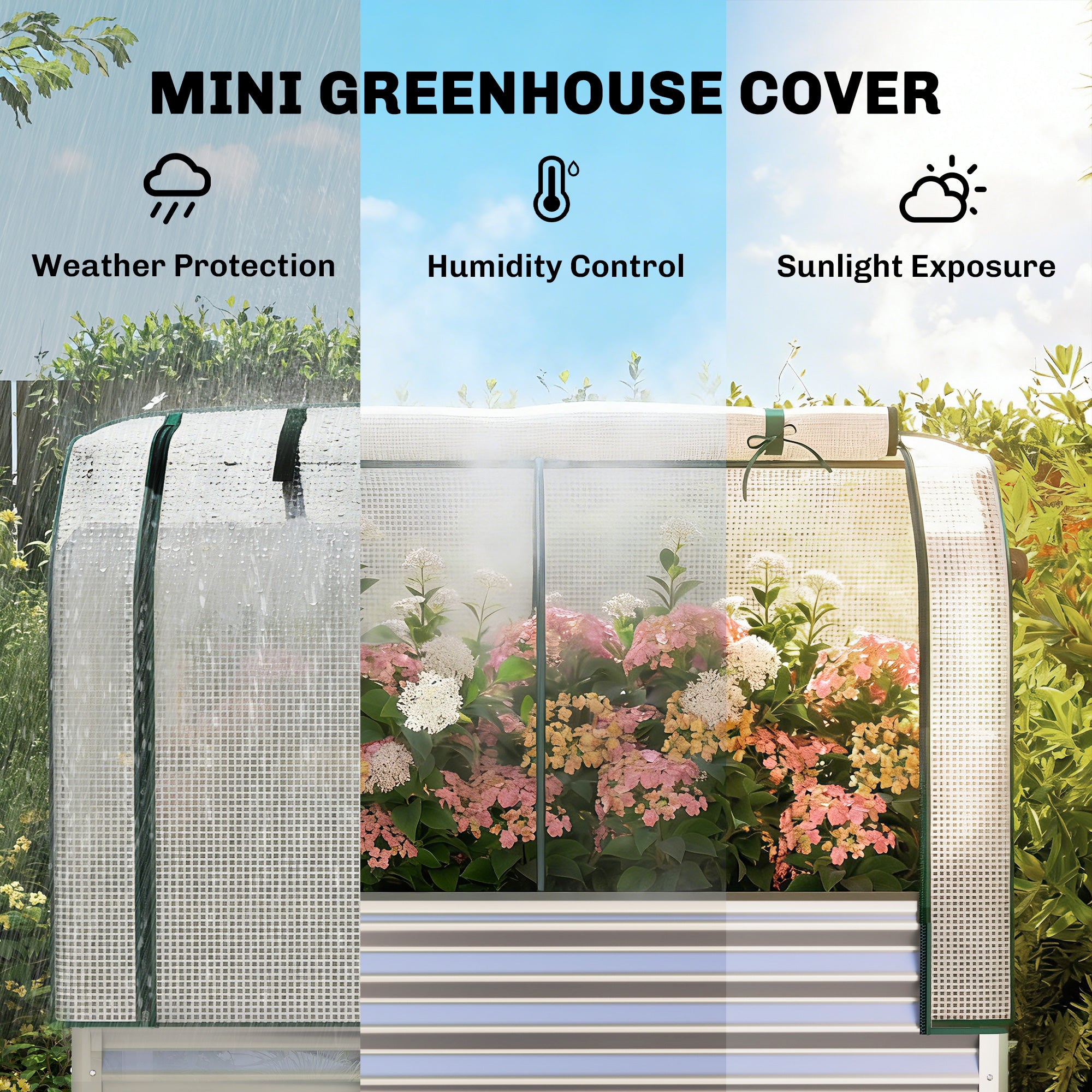Galvanised Raised Garden Bed with Greenhouse Cover, Metal Elevated Garden Bed with Bed Liner, Bottom Shelf, Silver