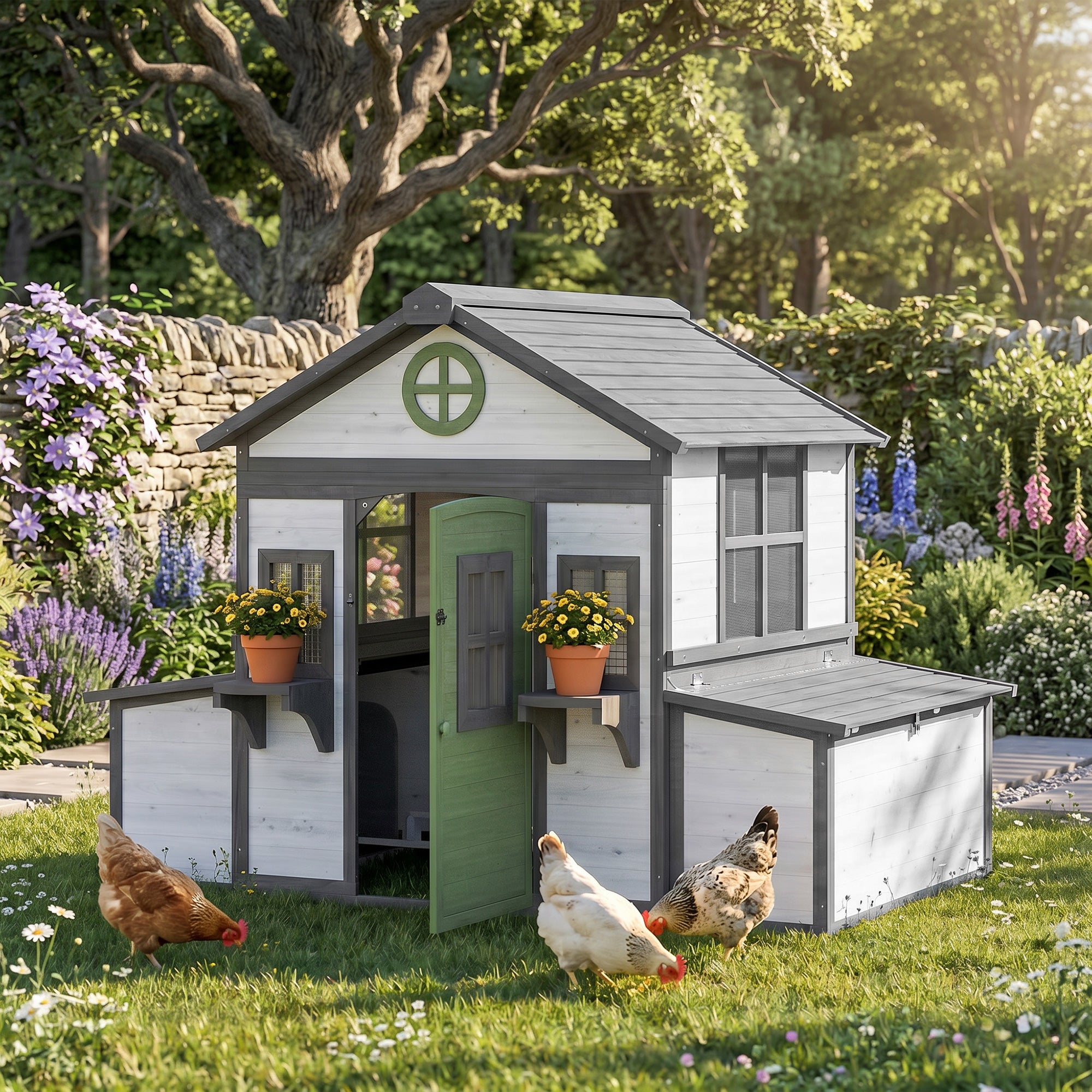 Wooden Chicken Coop, Hen House for 2-4 Hens, Outdoor Playhouse Poultry Cage with Nesting Boxes, Waterproof Roof, Windows