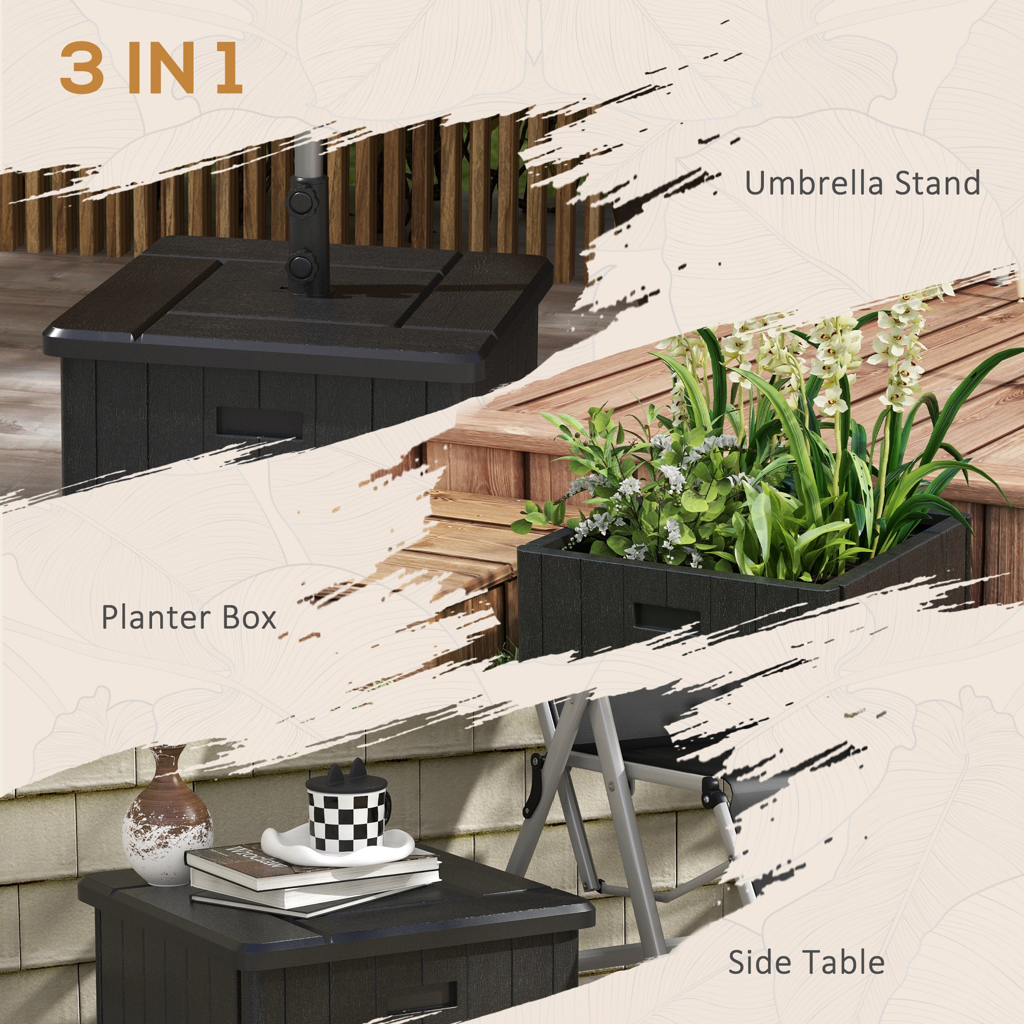 3-in-1 Outdoor Umbrella Base with Wheels and Handles, End Table, Flower Box Planter with Hole, 175 lbs. Capacity, Black