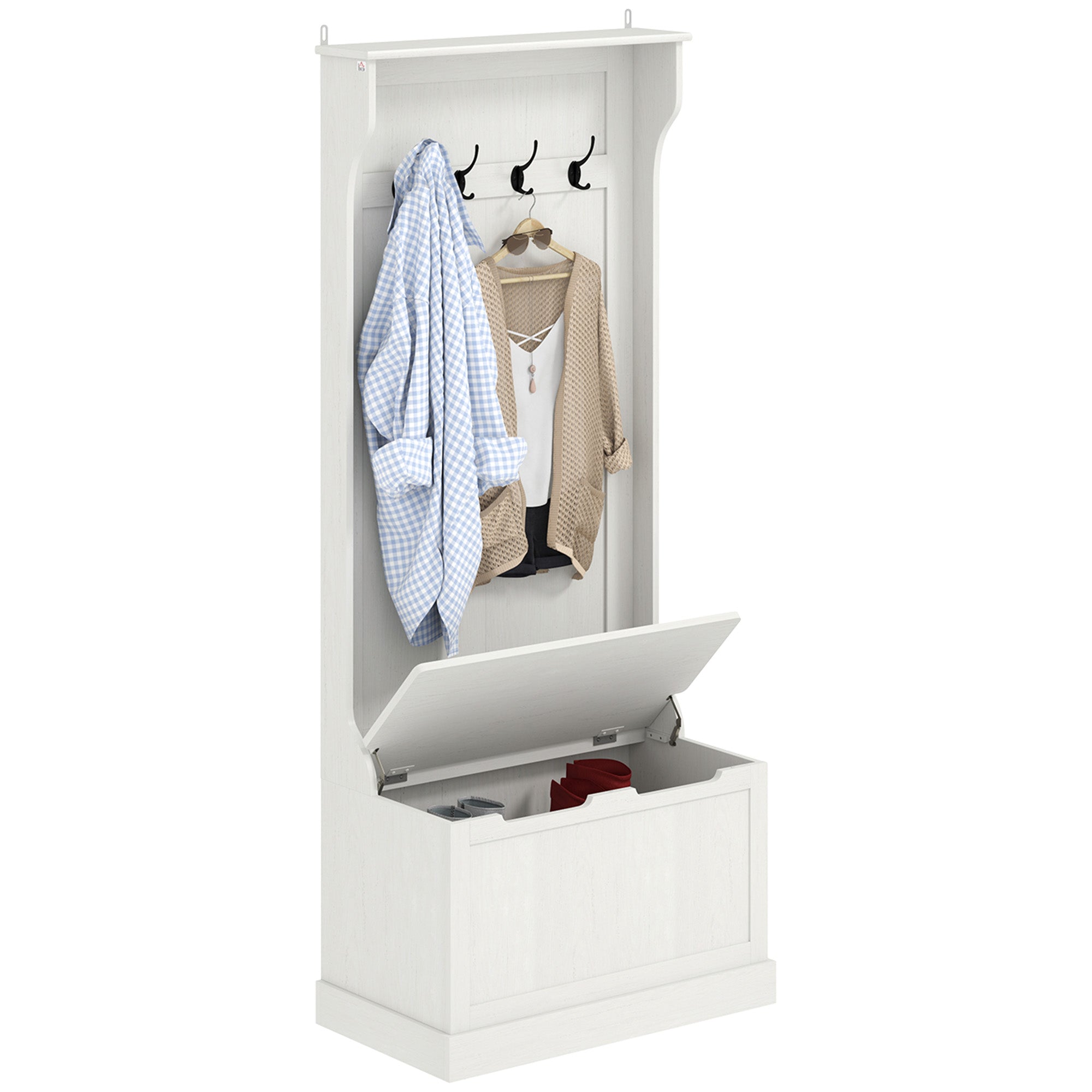 Hall Tree with Coat Rack, Storage, and Sitting Bench, Cream White