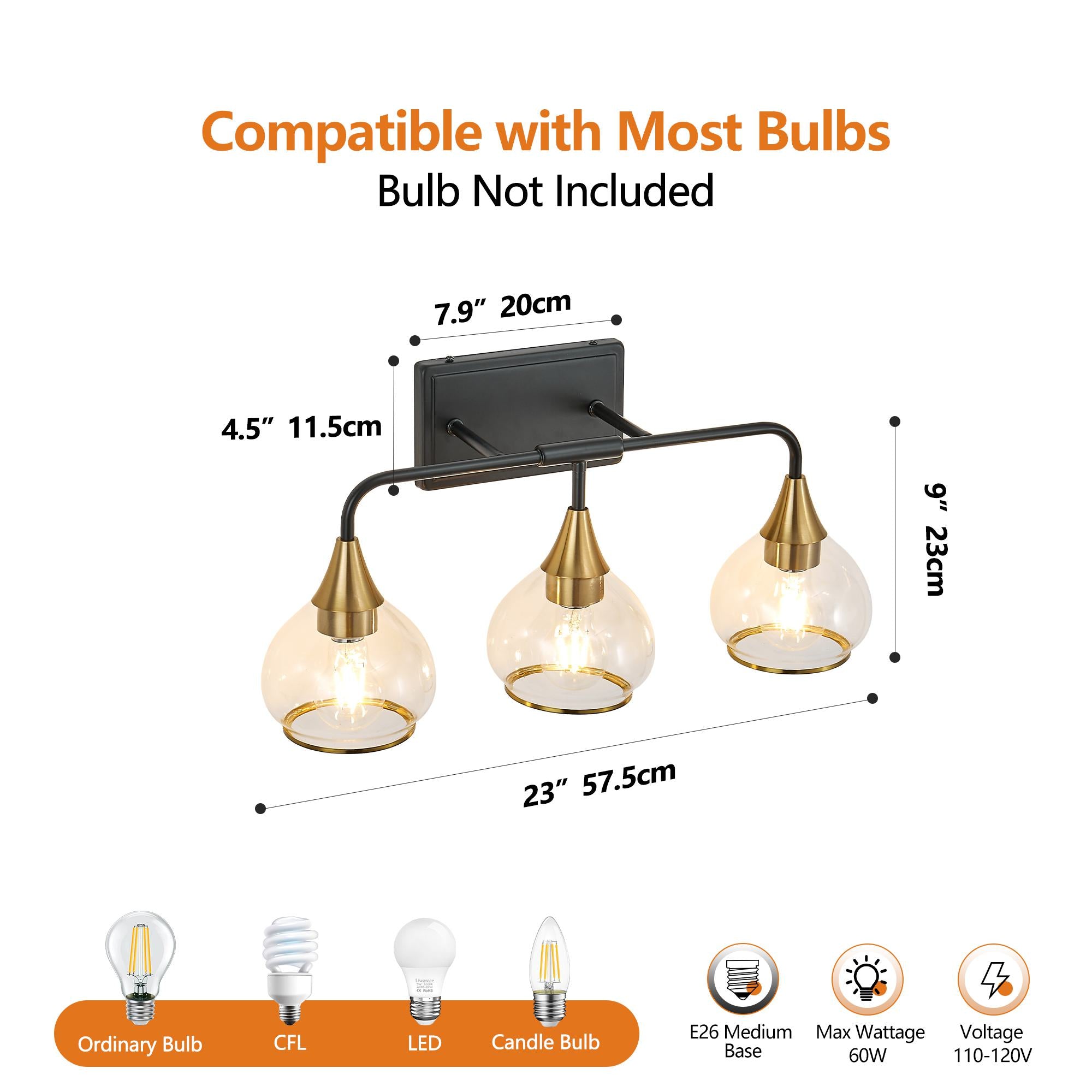 23" Industrial 3-Light Vanity Wall Sconce with Clear Glass Shades, Wall Mounted Lamp for Bathroom, Bedroom, 23" L x 8" W x 11" H, Black+Gold