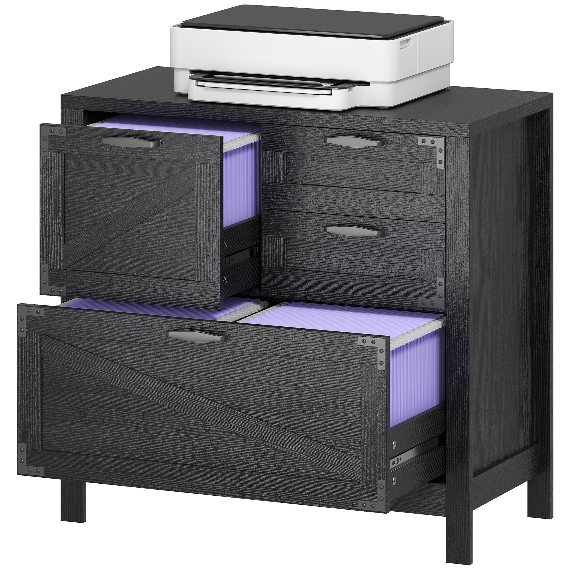 Lateral Filing Cabinet, Farmhouse File Cabinet with 4 Drawers, Fit Letter/A4/Legal Hanging Files, Black