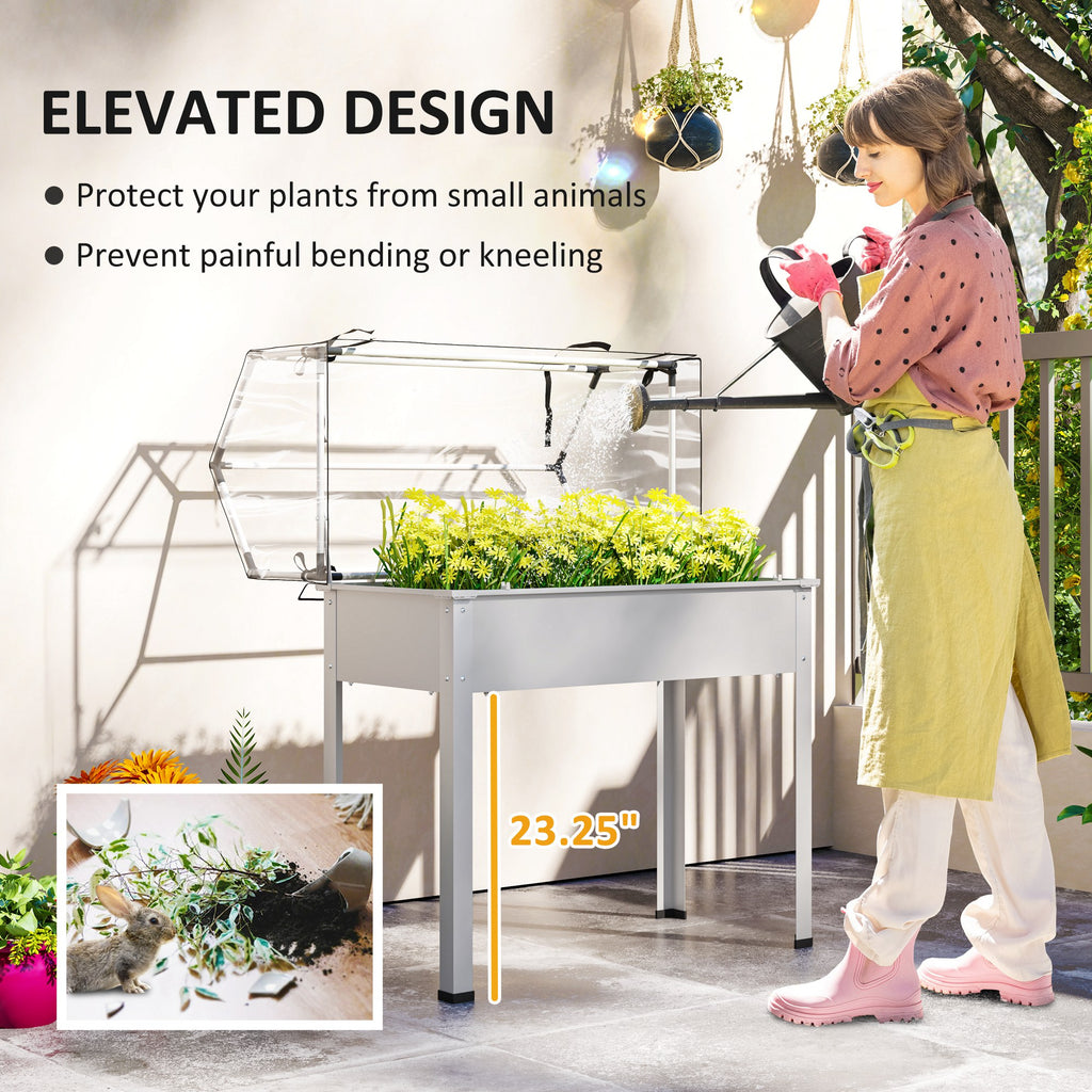 Elevated Garden Box with Greenhouse Cover, Raised Garden Bed with Legs and Drainage Hole for Vegetables, White