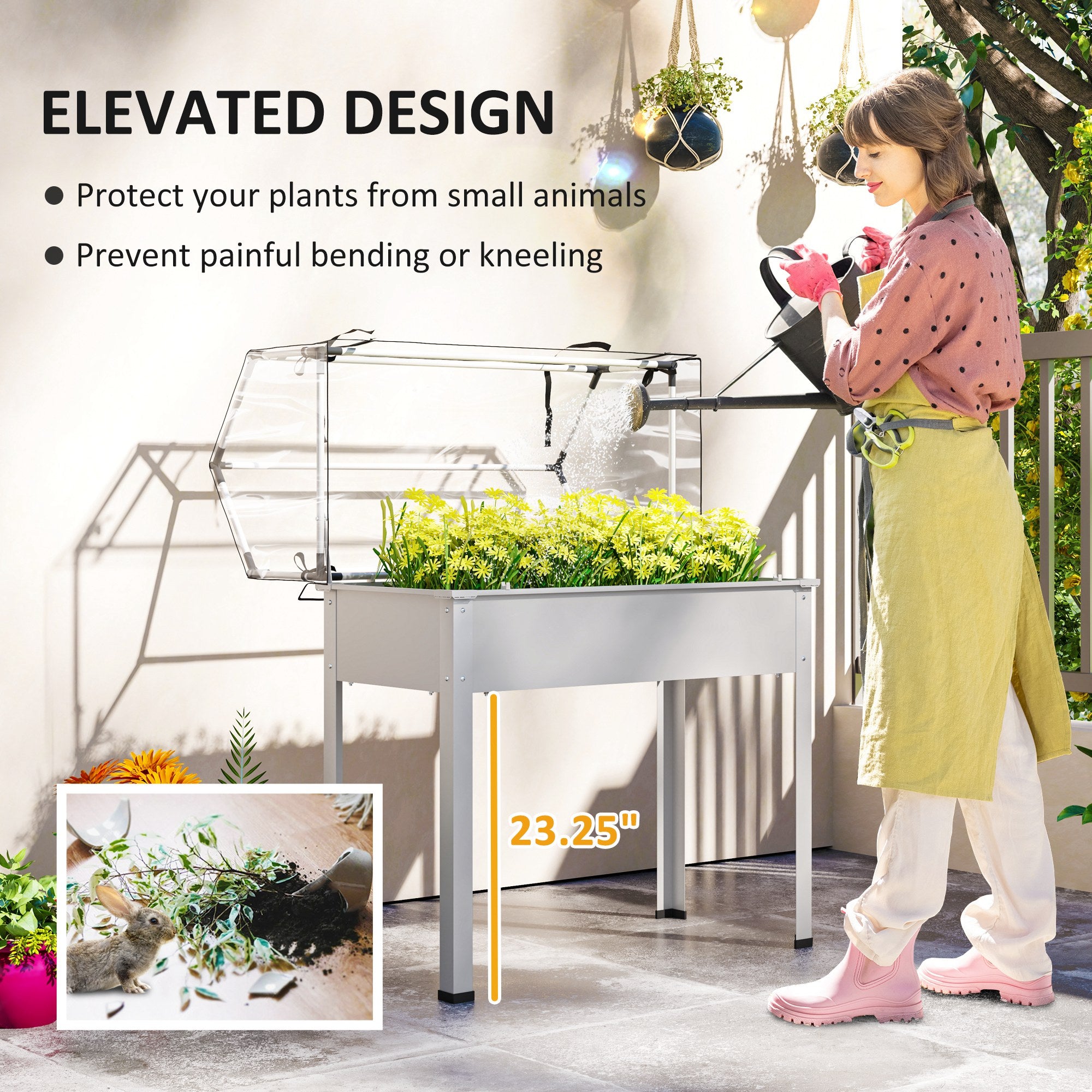 Elevated Garden Box with Greenhouse Cover, Raised Garden Bed with Legs and Drainage Hole for Vegetables, White