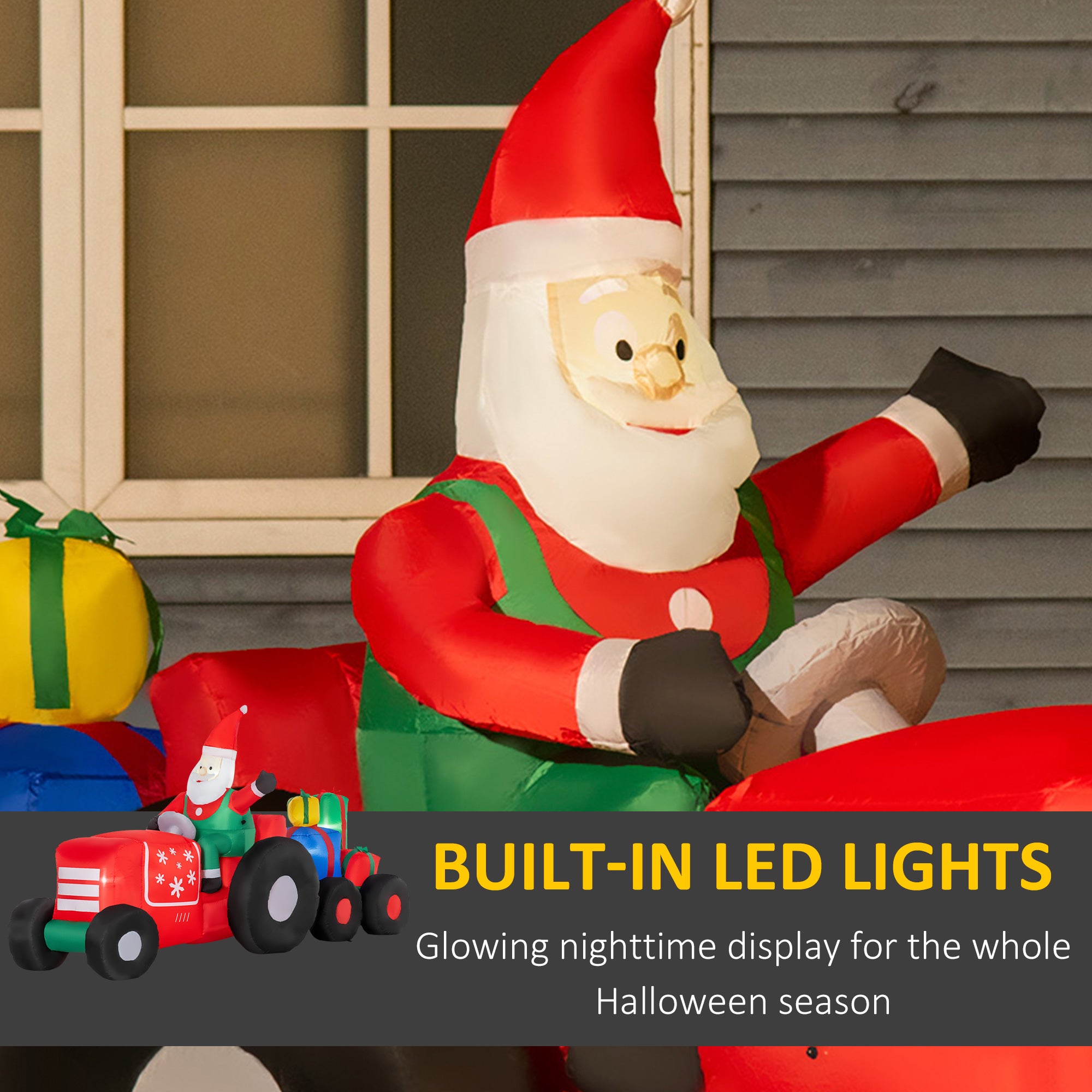 9ft Christmas Inflatables Outdoor Decorations Santa Claus Driving Trailer with Colorful Gift Boxes, Blow-Up LED Yard Christmas Decor for Lawn Garden Party
