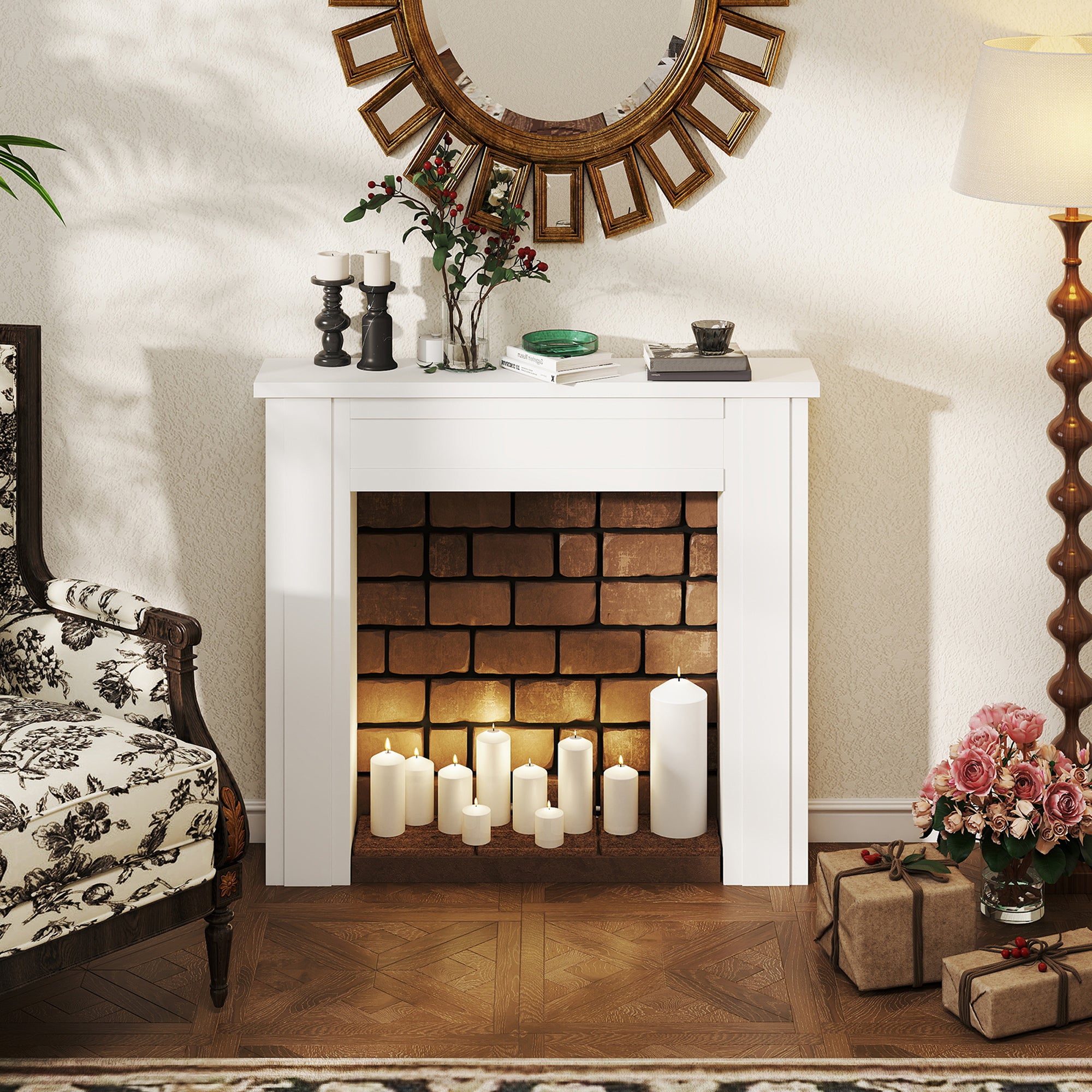 Modern Fireplace Mantel, Freestanding Fireplace Surround with Leg for Electric Fireplaces, 44.7" W x 40" H, White