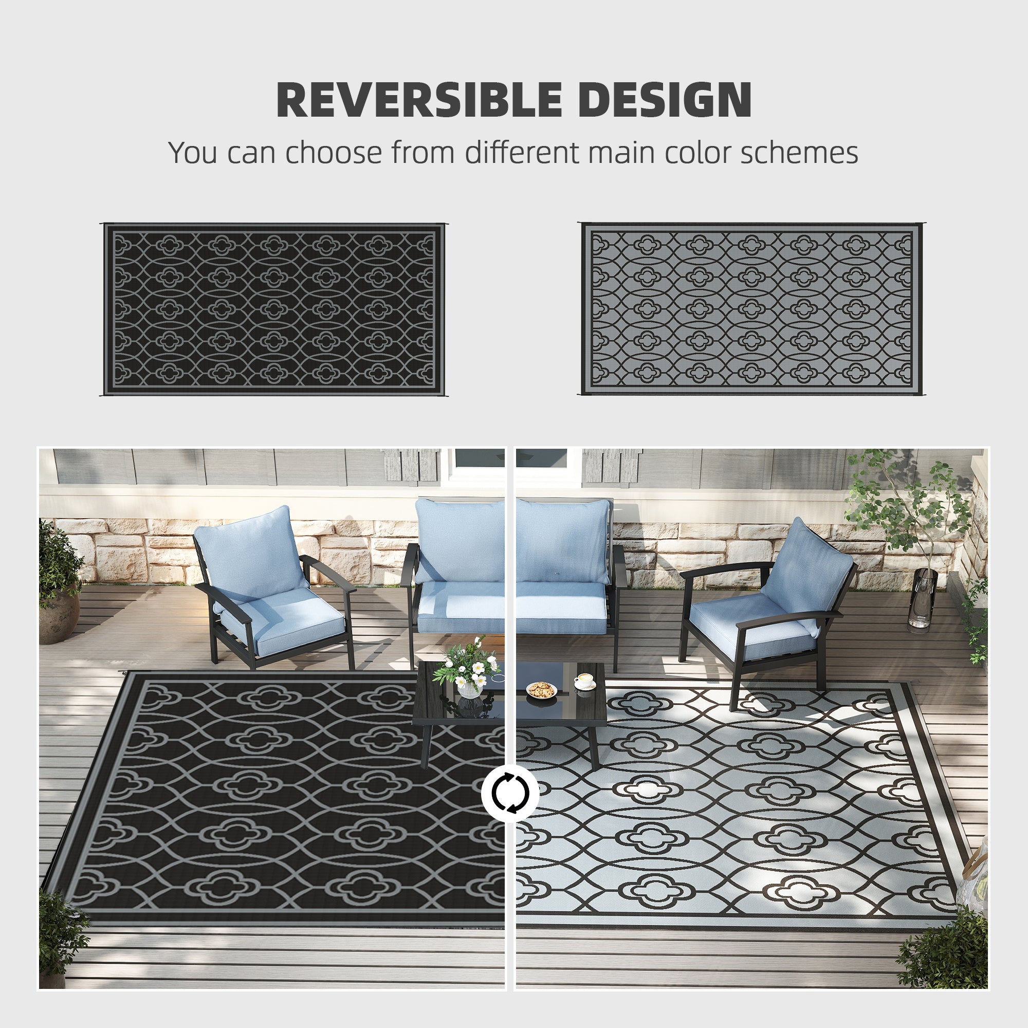 Reversible Outdoor Rug, Waterproof Plastic Straw with Carry Bag, 9' x 18', Black & Gray Lantern