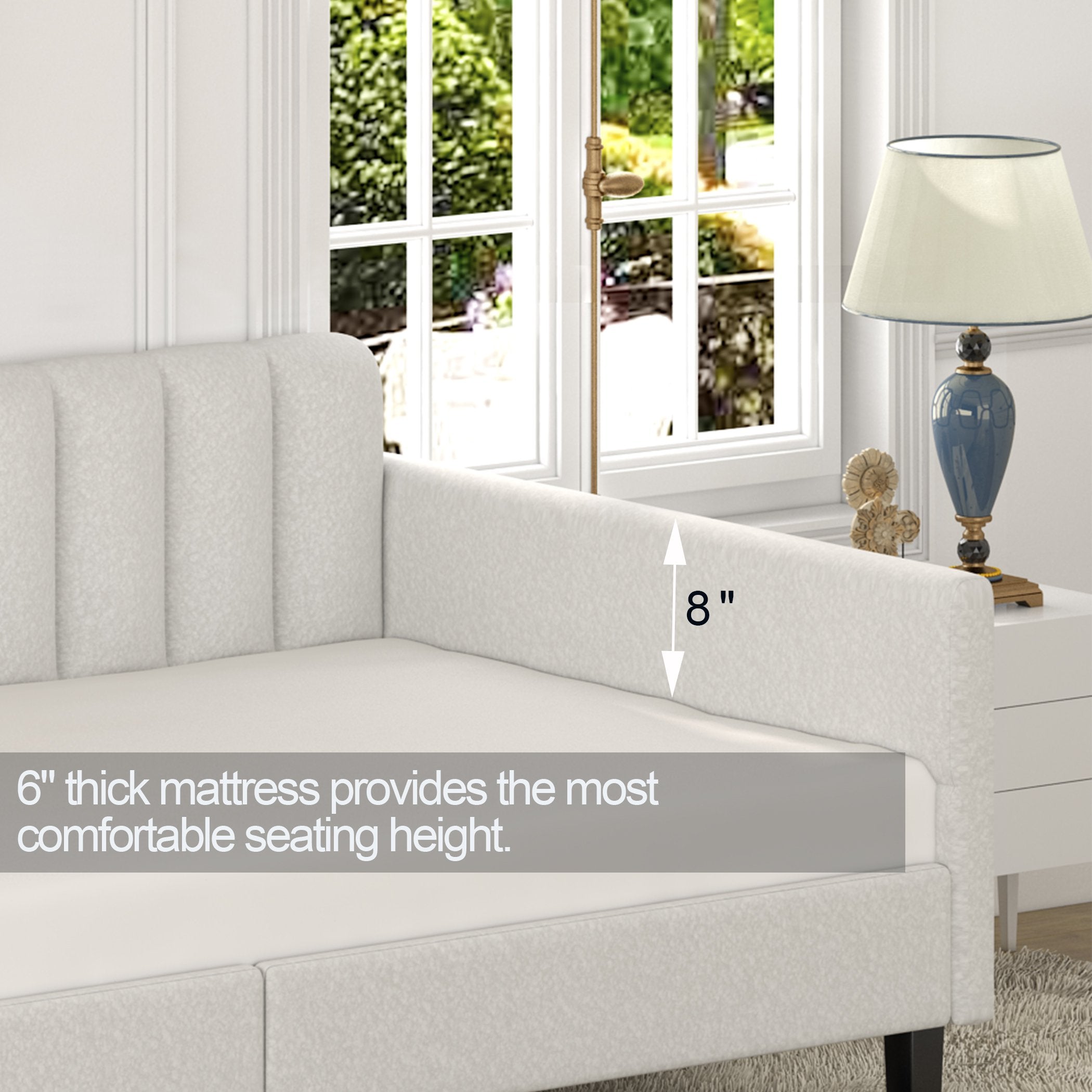 Elena Twin Size Upholstered Daybed Frame, Ribbed Tufted Backrest, Boucle Fabric, Durable Metal Frame, Easy Assembly, Ivory