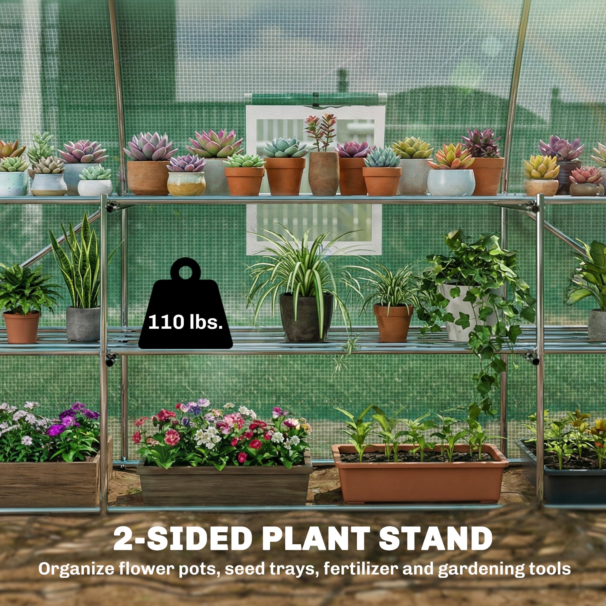 10'x11'x6' Walk-in Tunnel Greenhouse with Shelves, Mesh Door and Windows, Hoop House Greenhouse with PE Cover, Green