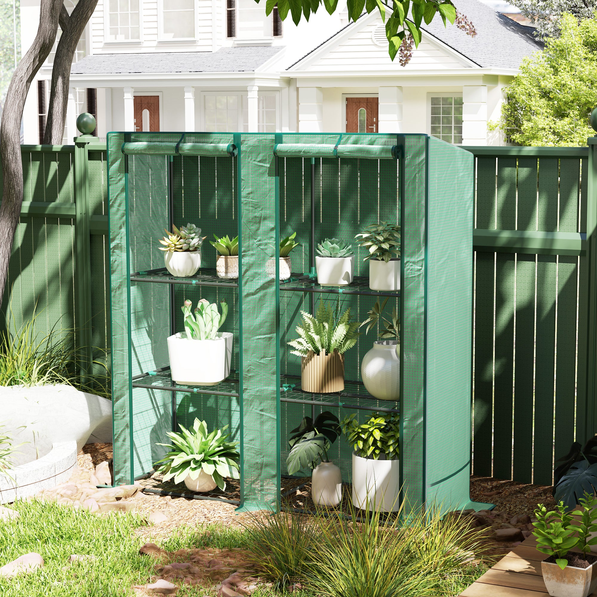 Lean-to Greenhouse with 3 Tier Shelves, Portable Greenhouse with PE Cover, 2 Roll-Up Doors, 56.7" x 18.9" x 59.8", Green