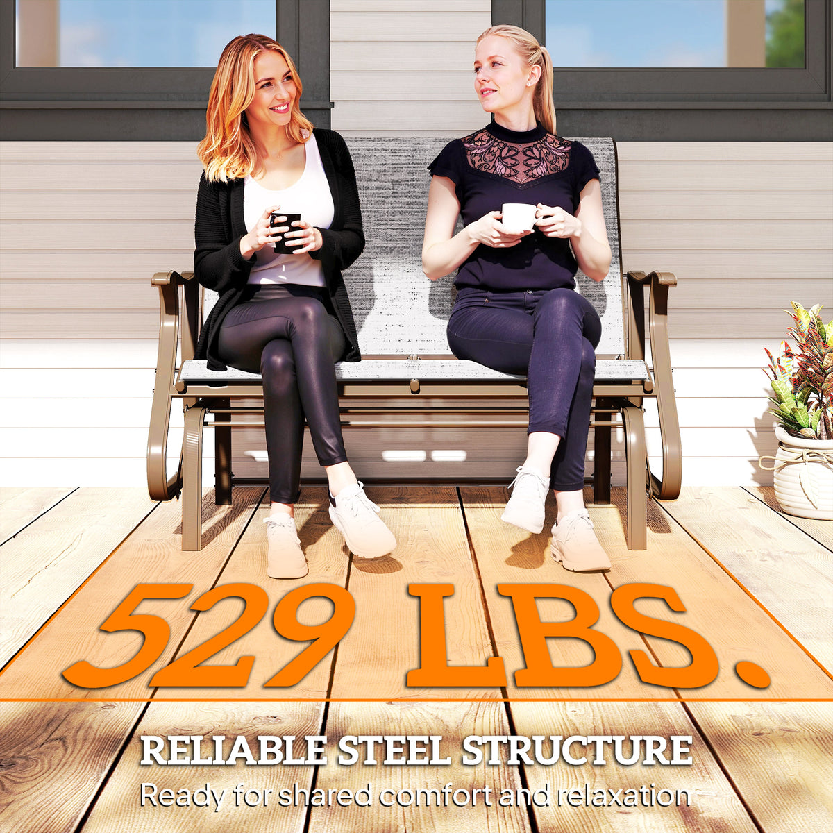 2-Person Outdoor Glider Bench, Patio Glider Loveseat Chair with Powder Coated Steel Frame, 2 Seats Porch Rocking Glider for Backyard, Lawn and Garden, Mixed Gray