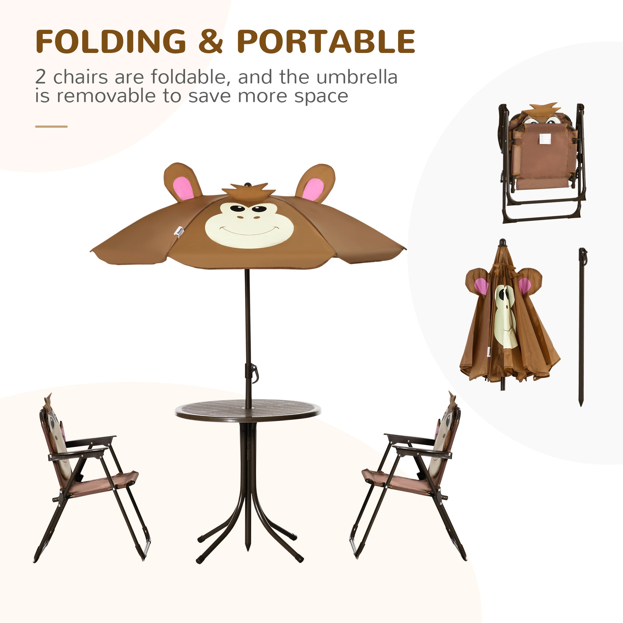Kids Table and Chair Set, Outdoor Folding Garden Furniture, Picnic Table for Patio Backyard, with Removable & Height Adjustable Sun Umbrella, Brown