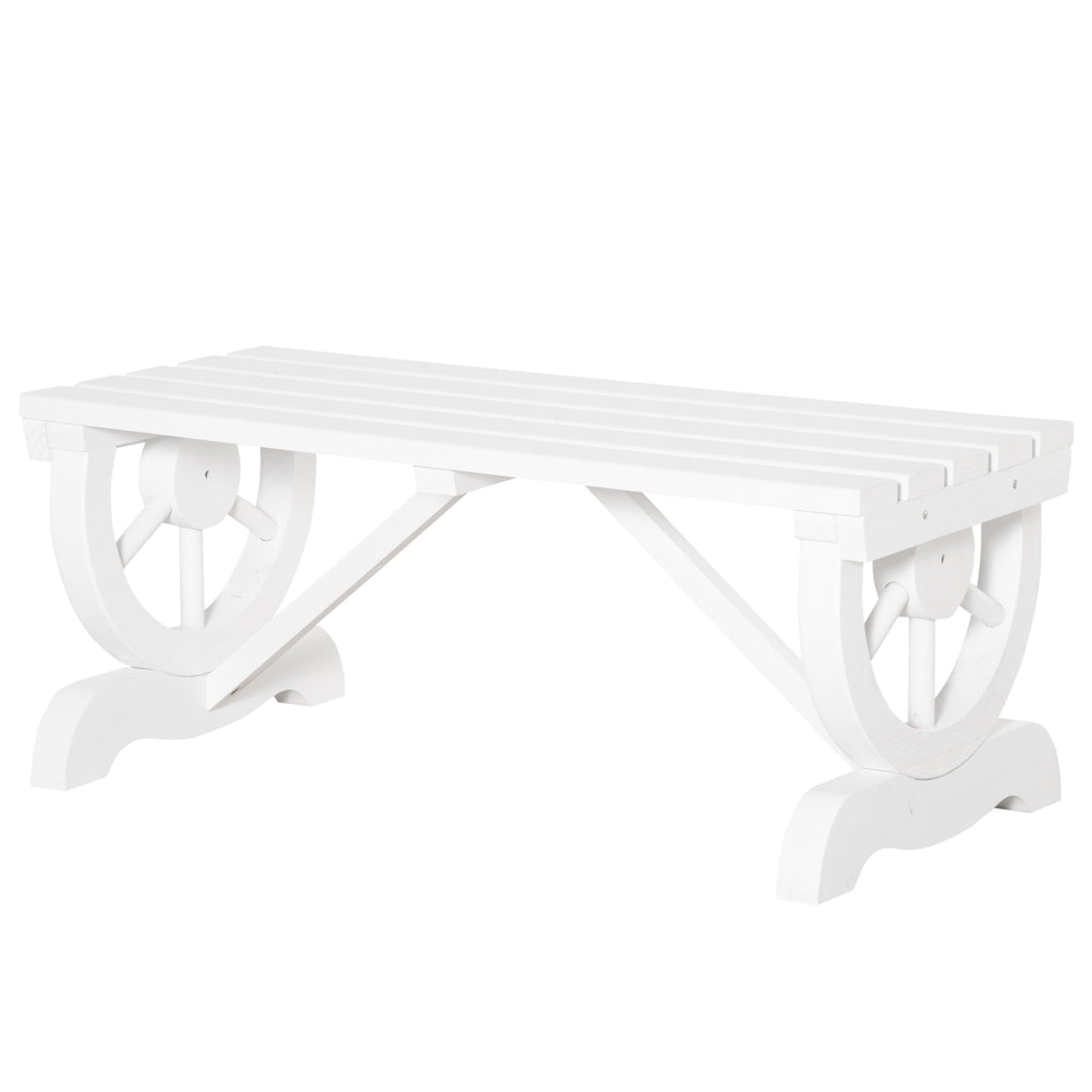 2-Person Wooden Garden Bench, Outdoor Wagon Wheel Porch Bench for Backyard Garden, Support 550 LBS, Rustic Country Style Patio Furniture, White
