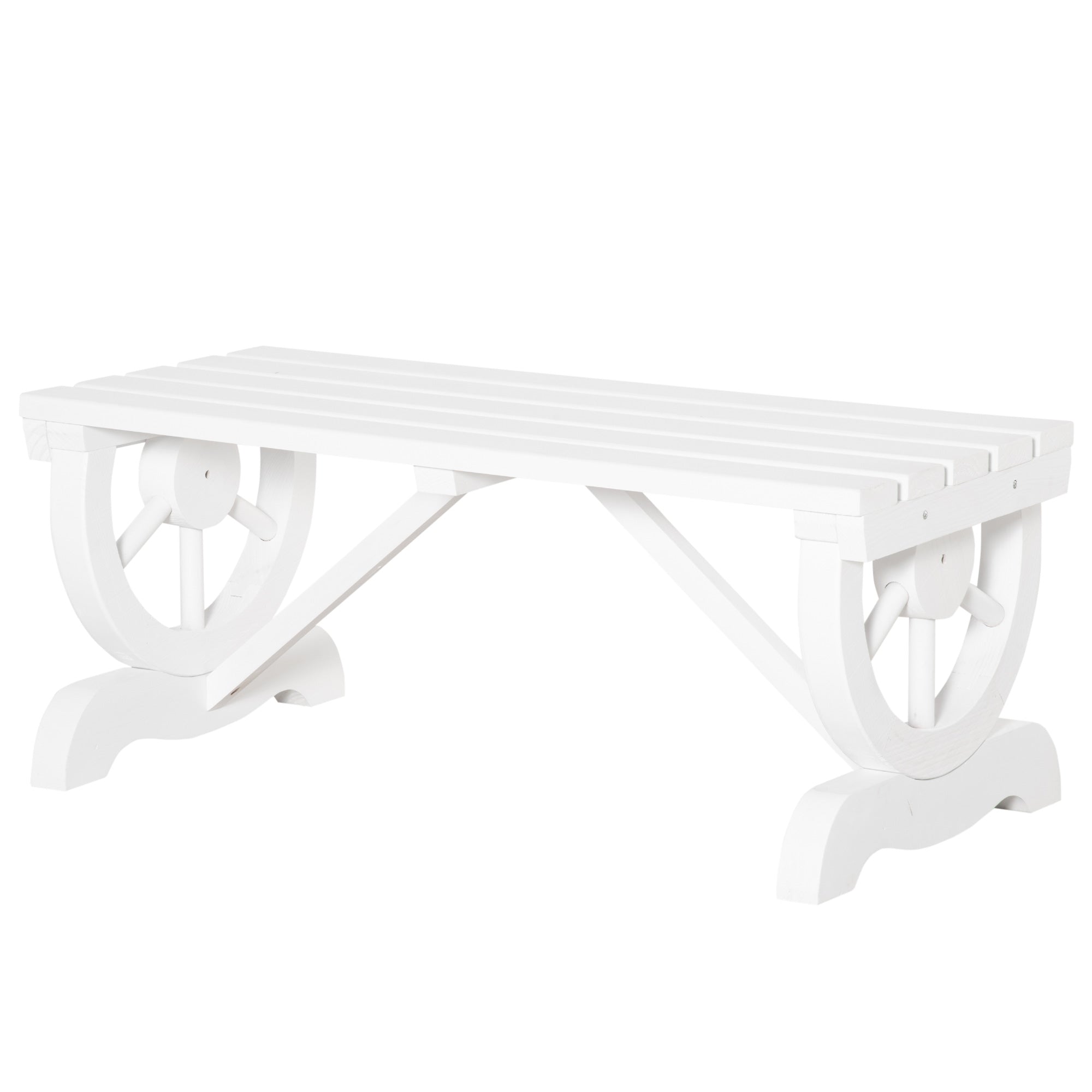 2-Person Wooden Garden Bench, Outdoor Wagon Wheel Porch Bench for Backyard Garden, Support 550 LBS, Rustic Country Style Patio Furniture, White