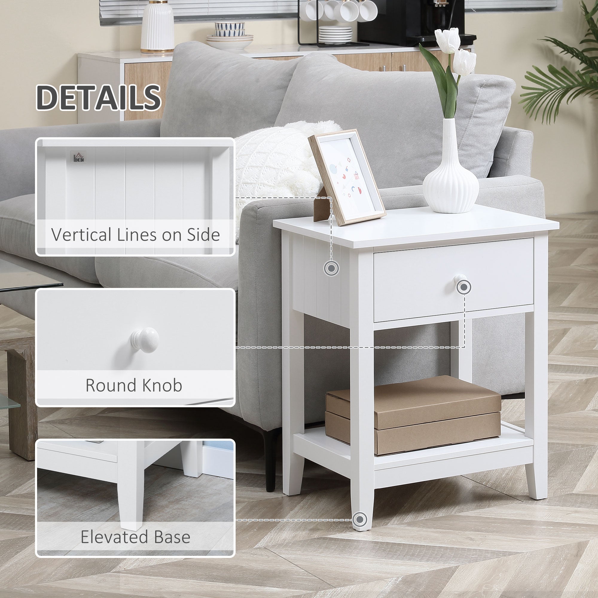 Modern Side Table for Living Room, End Table, 2-tier Side Table with Drawer and Storage Shelf, White