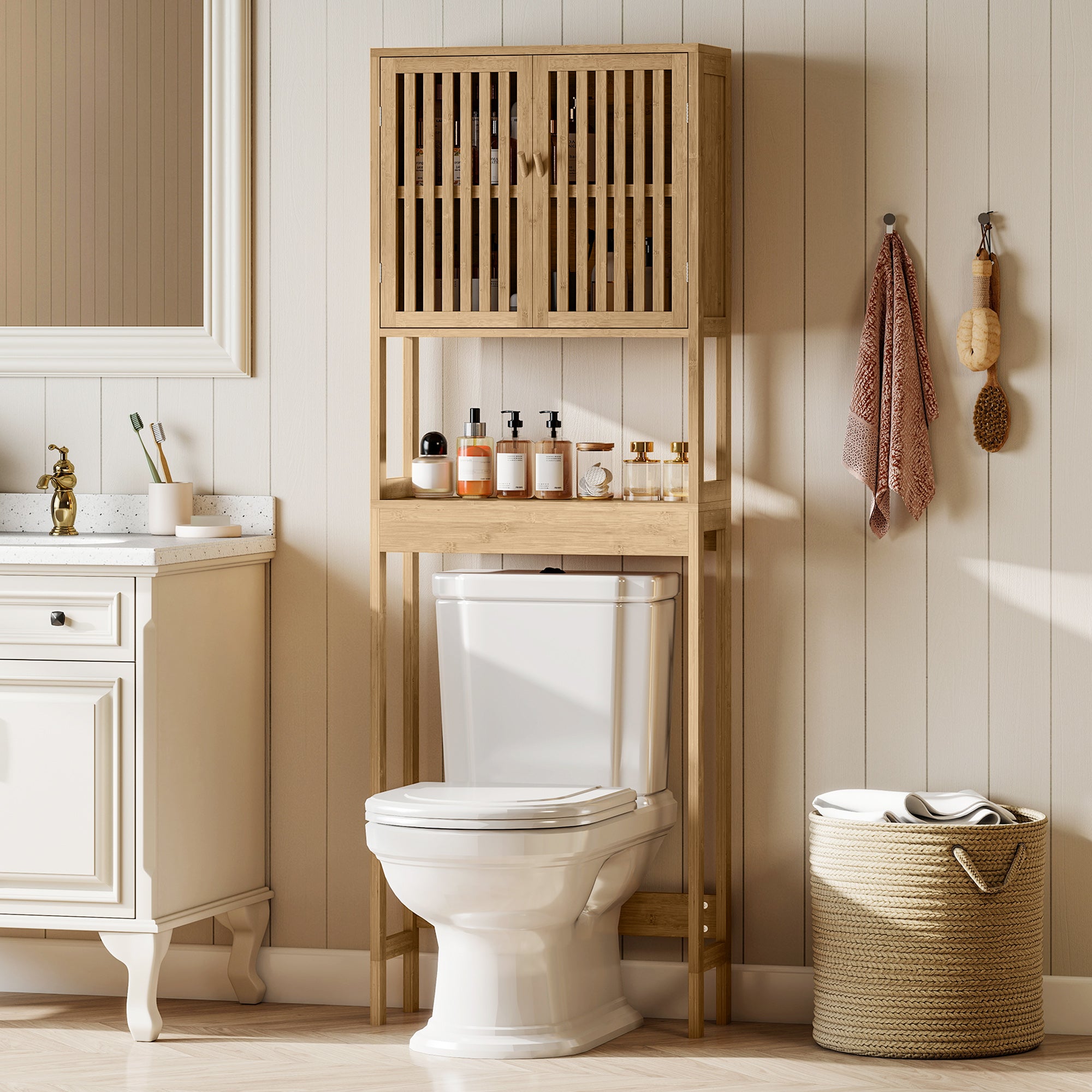 Over the Toilet Cabinet, Bamboo Bathroom Above Toilet Storage with Slatted Doors and Adjustable Shelf, Natural