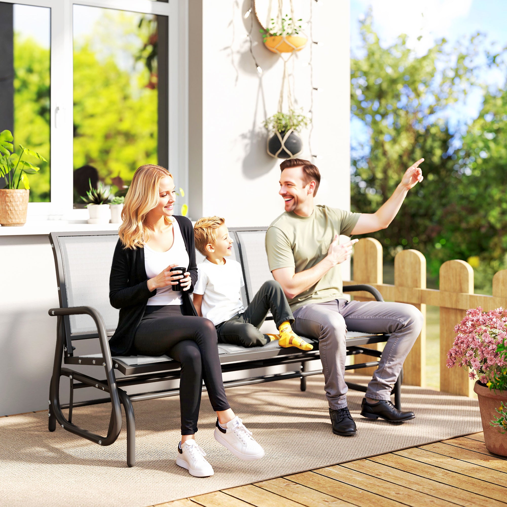 3-Person Outdoor Patio Glider Bench, Porch Glider Swing with 3 Seats, Breathable Mesh Fabric, Metal Frame, Cream White