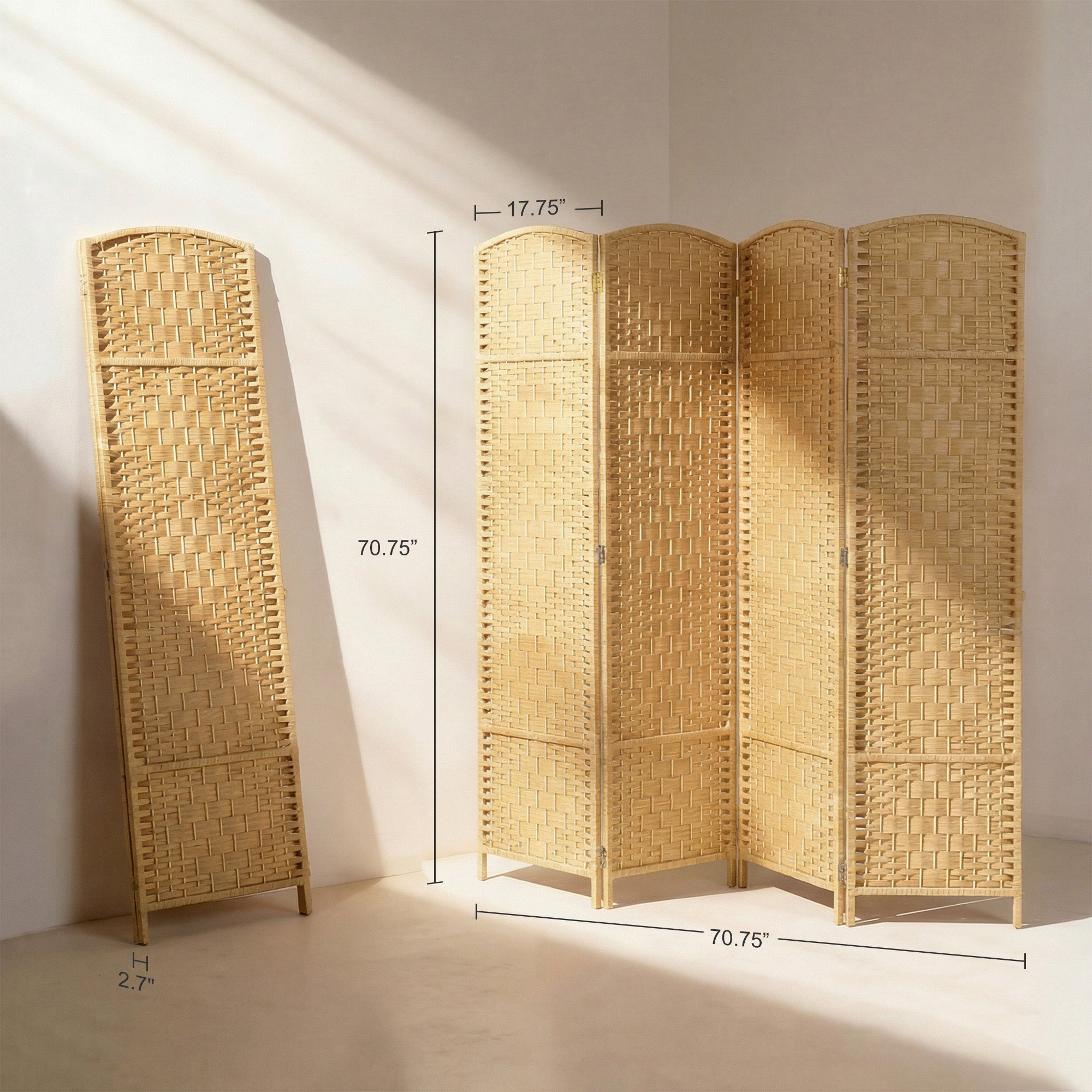 Folding Room Divider Screen 4 Panel 6' Tall Privacy Screen Freestanding Wood Partition for Home Office, Nature Wood