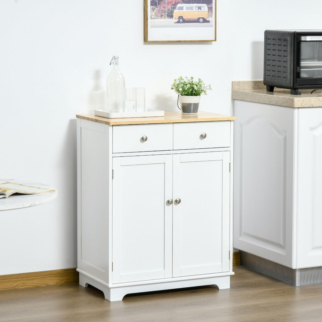Kitchen Storage Cabinet, Sideboard Floor Cupboard with Solid Wood Top, Adjustable Shelf, and 2 Drawers for Living Room, and Hallway, White